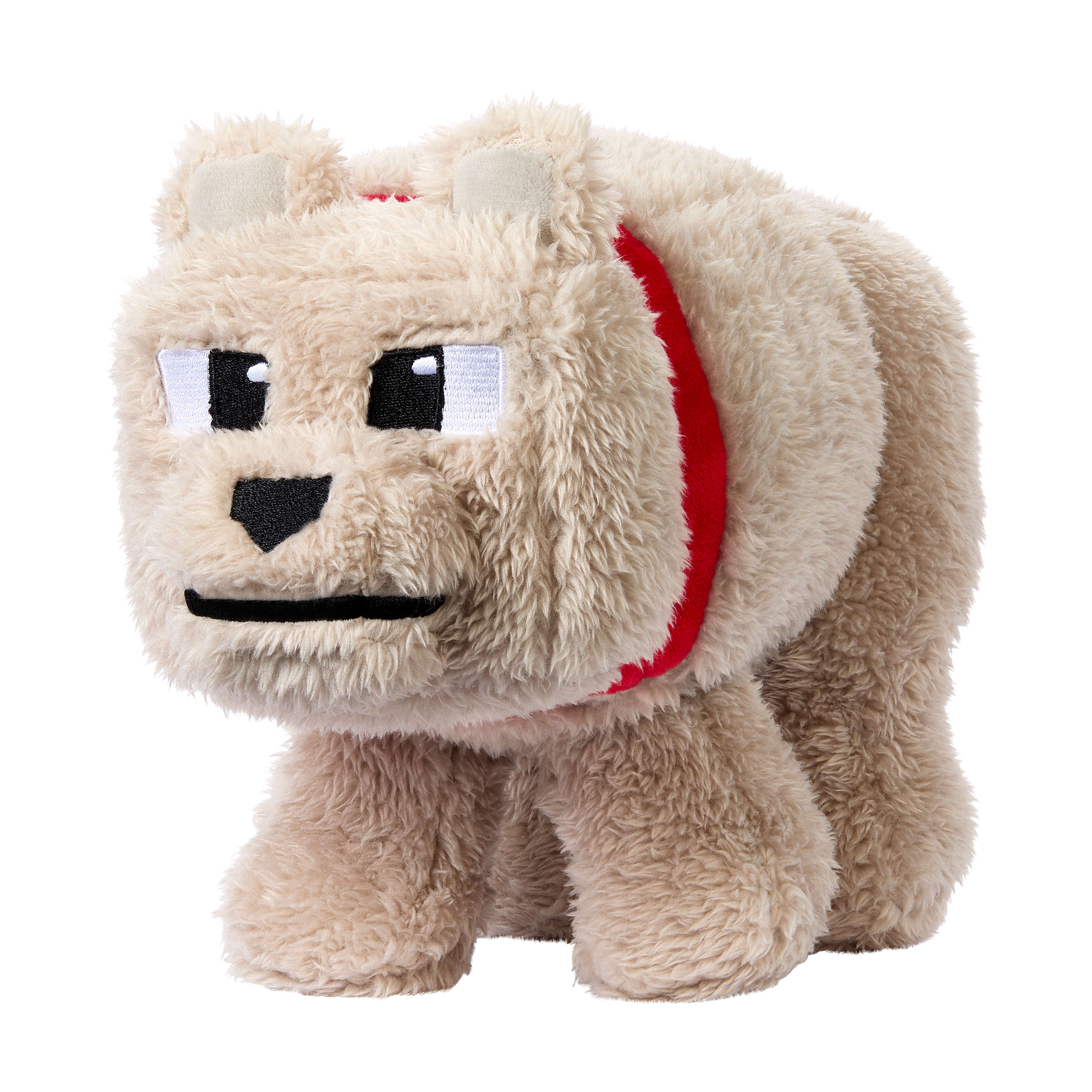 Peluche orso Minecraft, pelliccia beige, collare rosso, sfondo bianco.