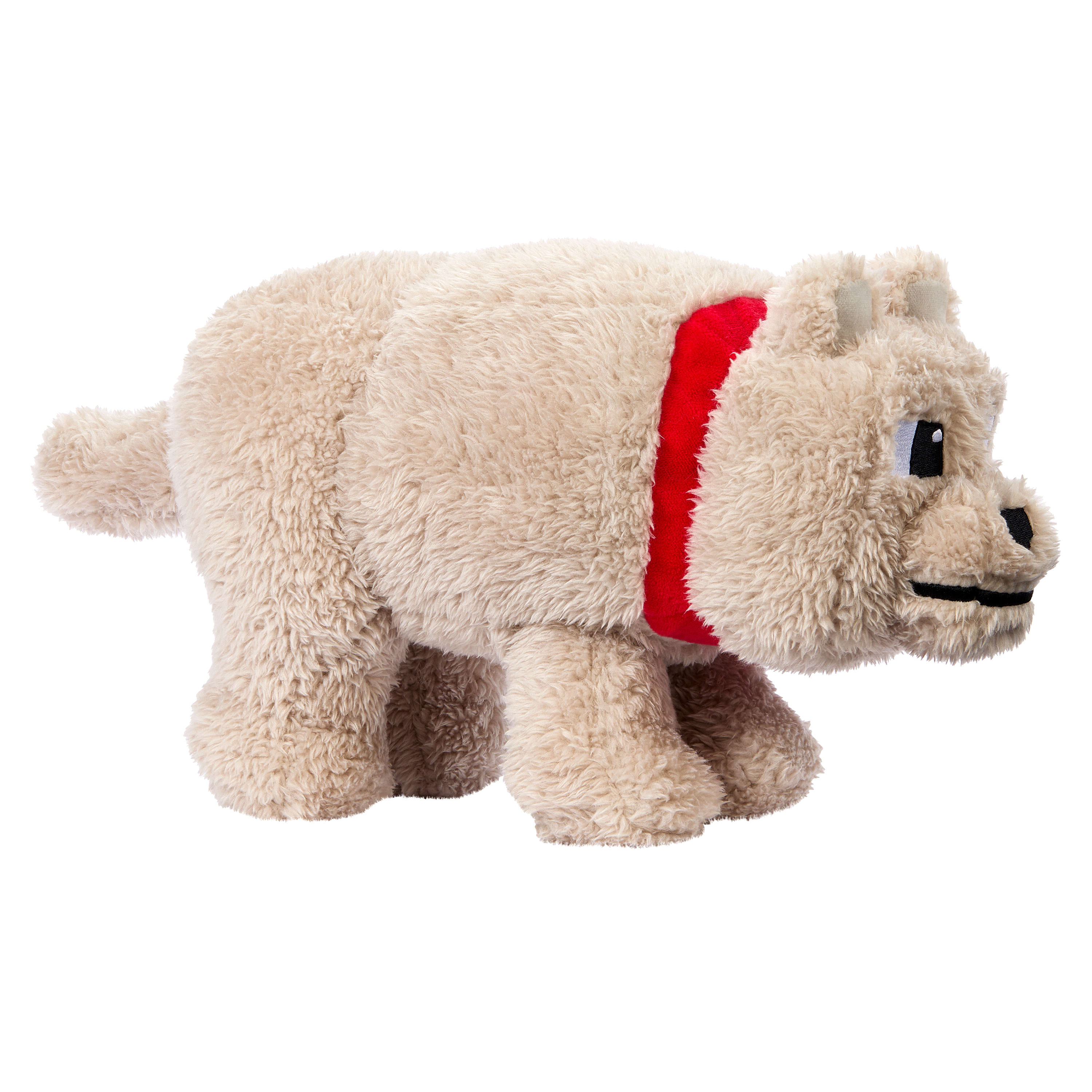 Un peluche di lupo Minecraft con un collare rosso, visto di lato.