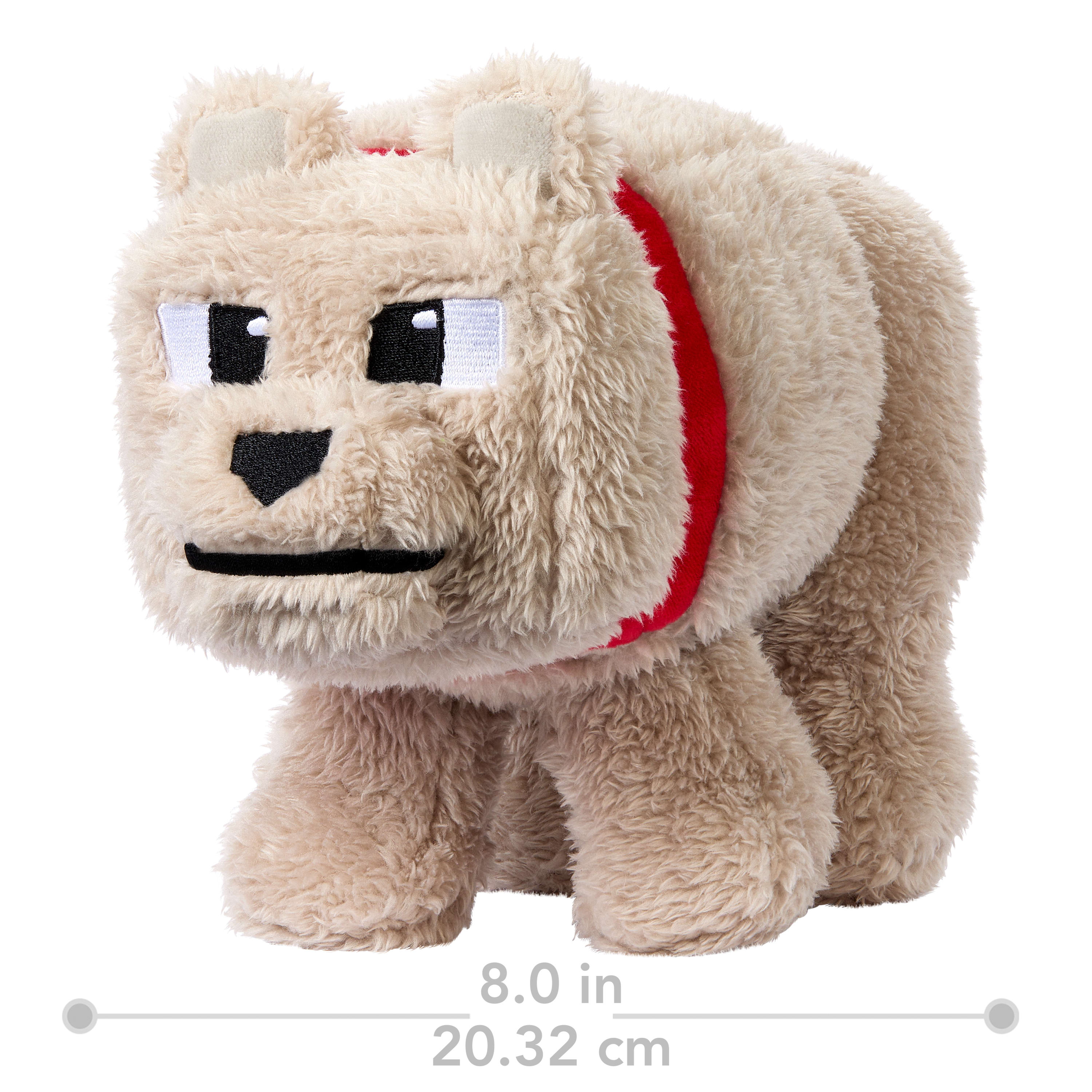 Peluche orso Minecraft, pelliccia beige, collare rosso, etichetta dimensioni.