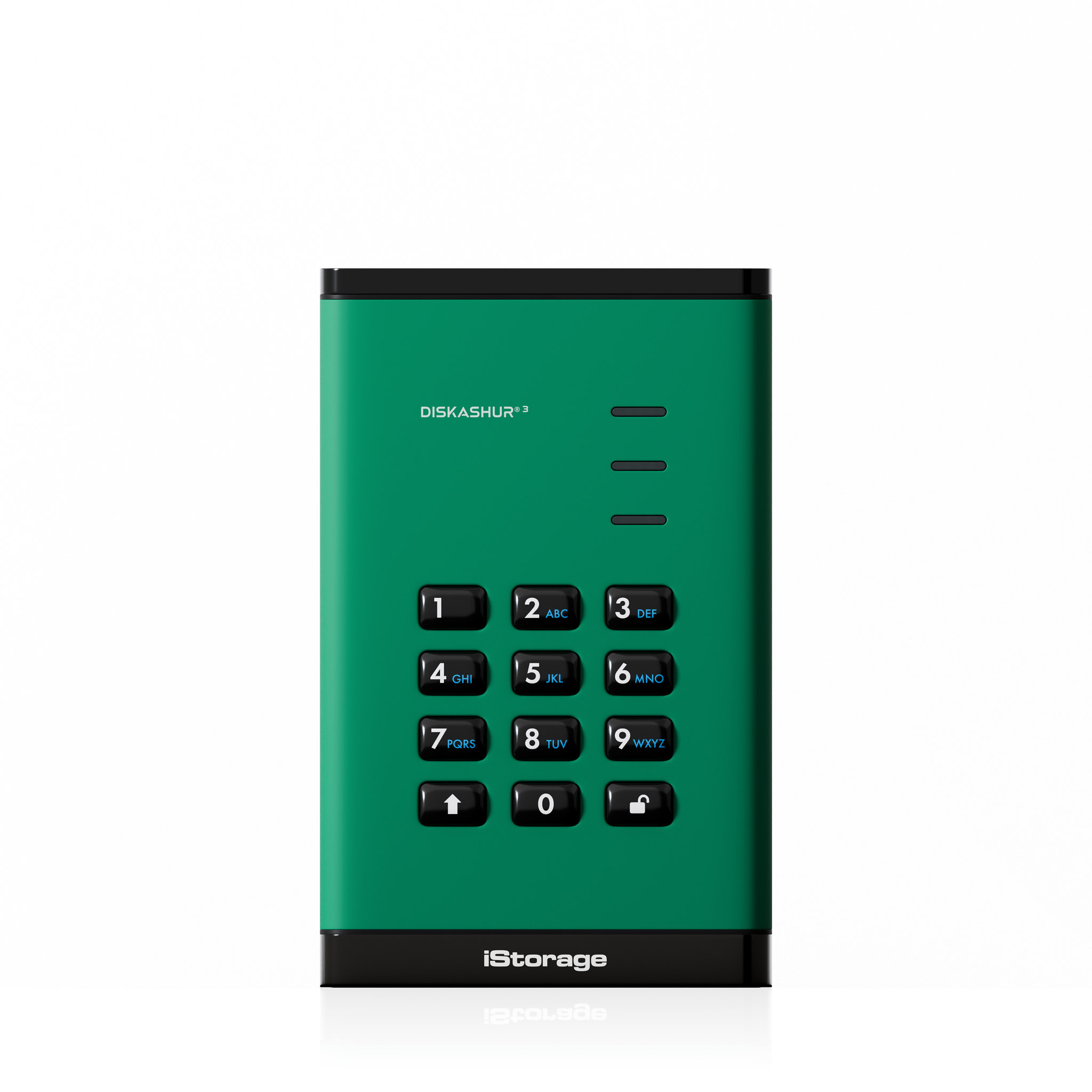 Dispositivo di archiviazione dati verde con tastiera, etichettato 'Diskashur' e 'iStorage'.