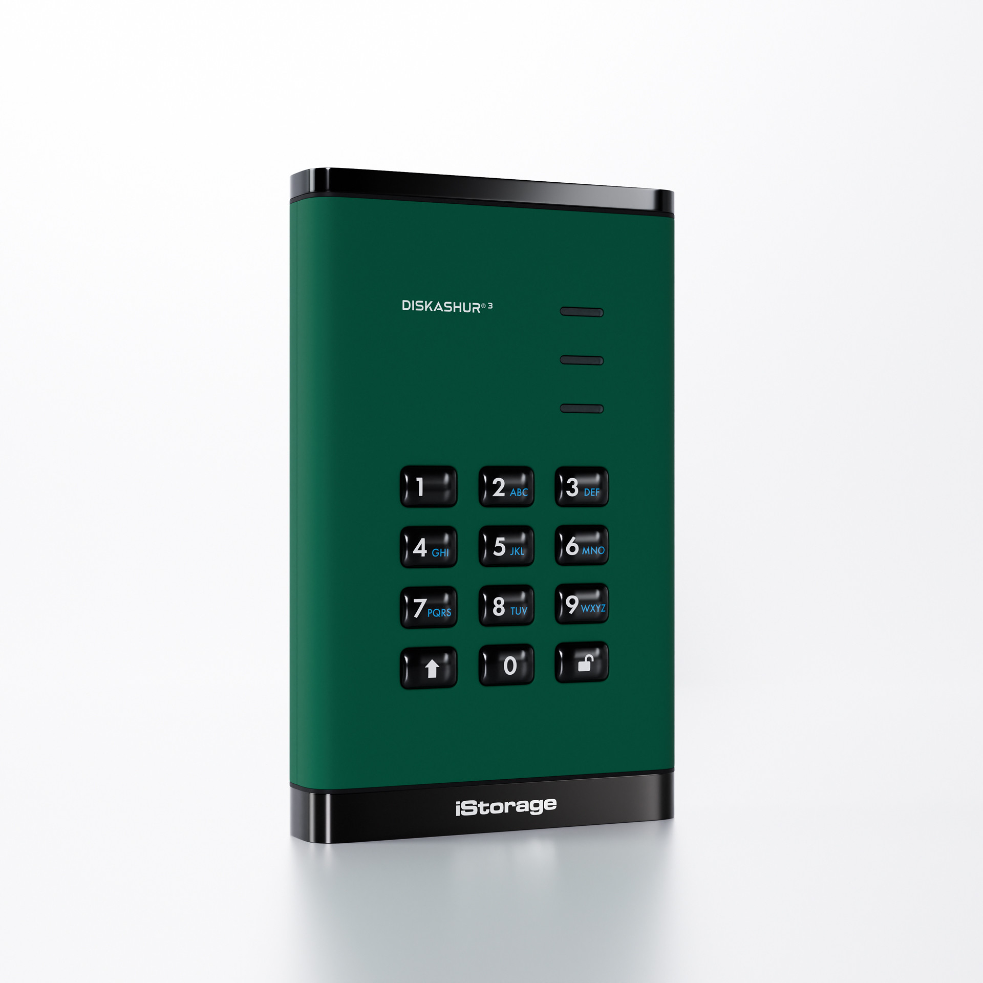 Dispositivo di archiviazione dati verde con tastiera, etichettato 'Diskashur' e 'iStorage'.