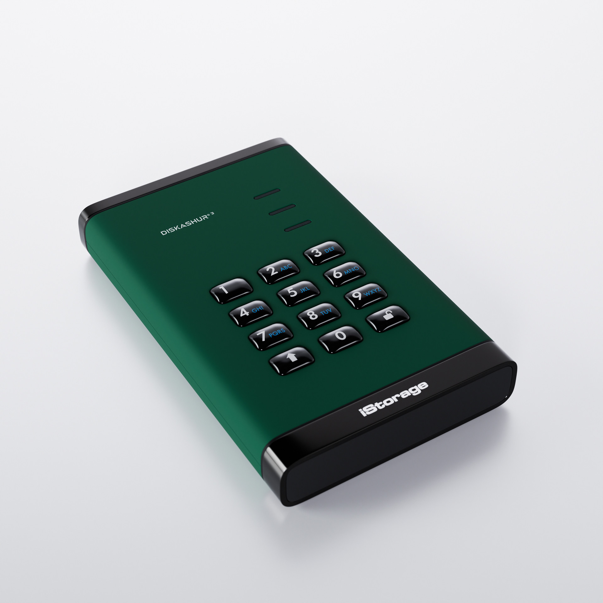 Disco rigido esterno verde e nero con tastiera e logo iStorage.
