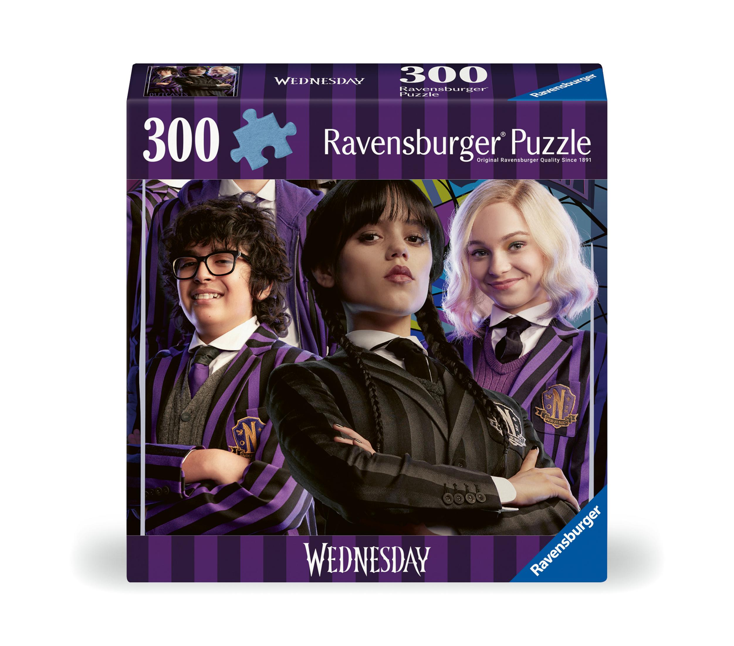 Pudełko z puzzlami z postaciami z serialu Wednesday, z trzema osobami.