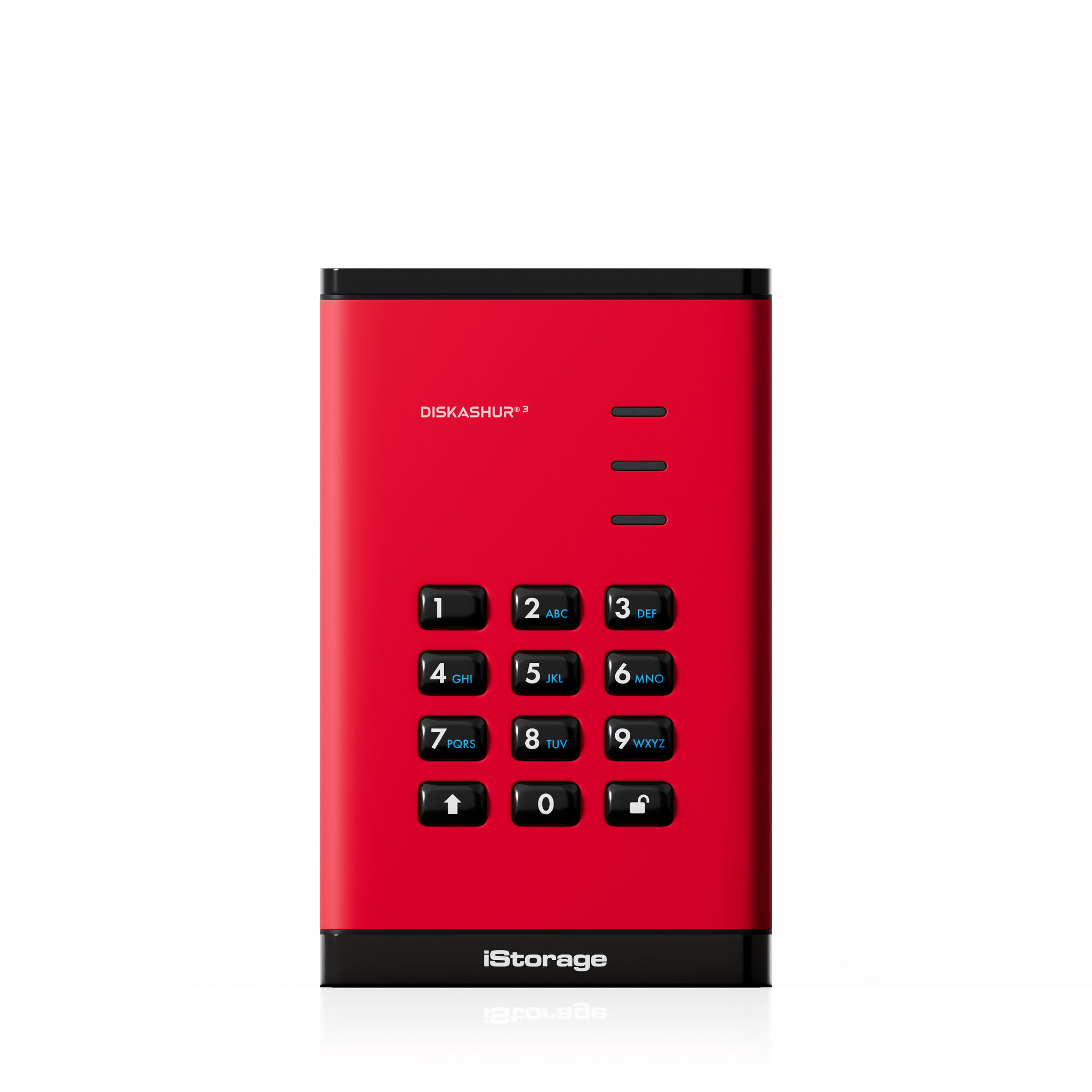 Disco iStorage rosso con tastierino numerico e pulsanti. Bordi neri, sfondo bianco.