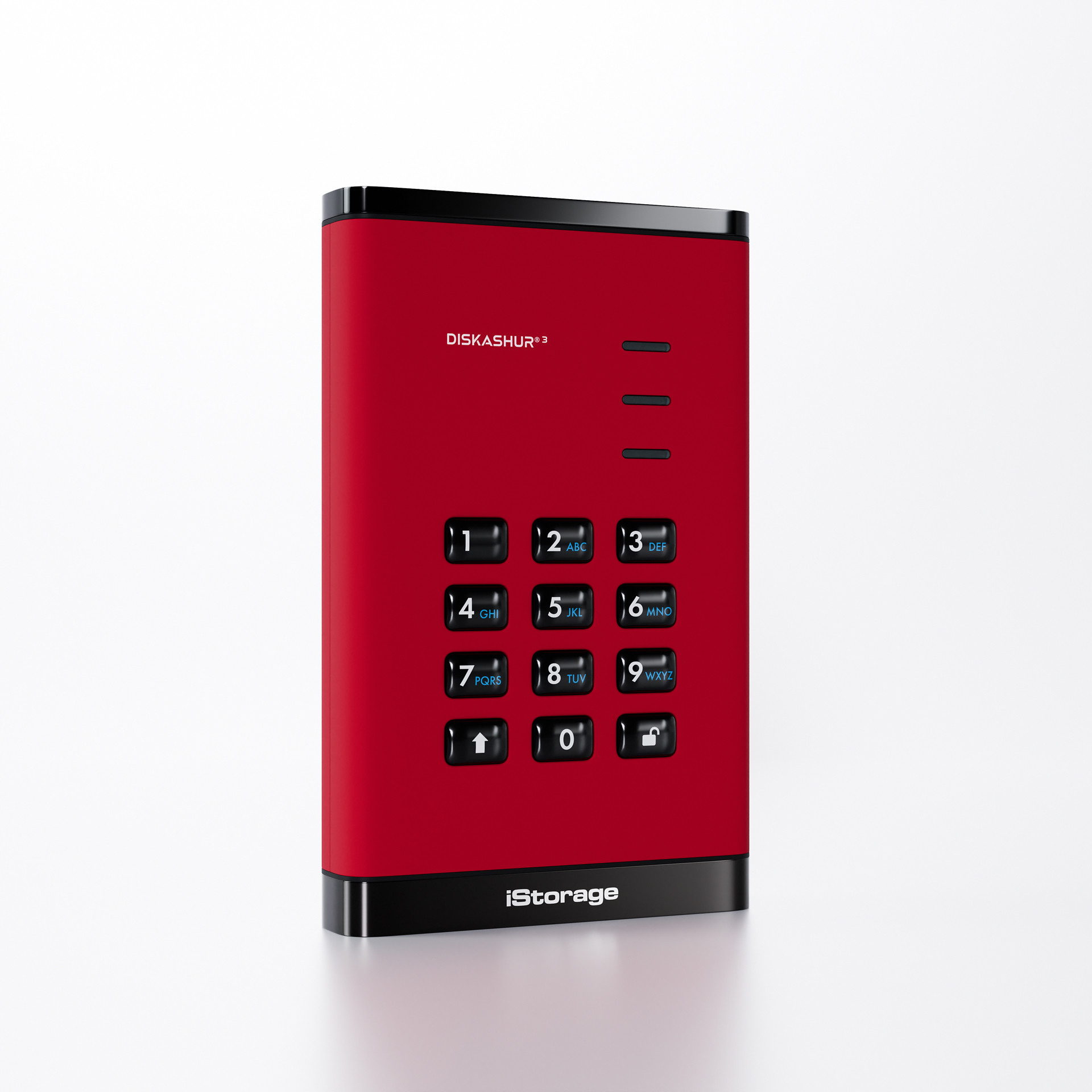Disco rigido esterno rosso con tastierino. Numeri 1-9 e 0. Marchio iStorage e Diskashur visibile.