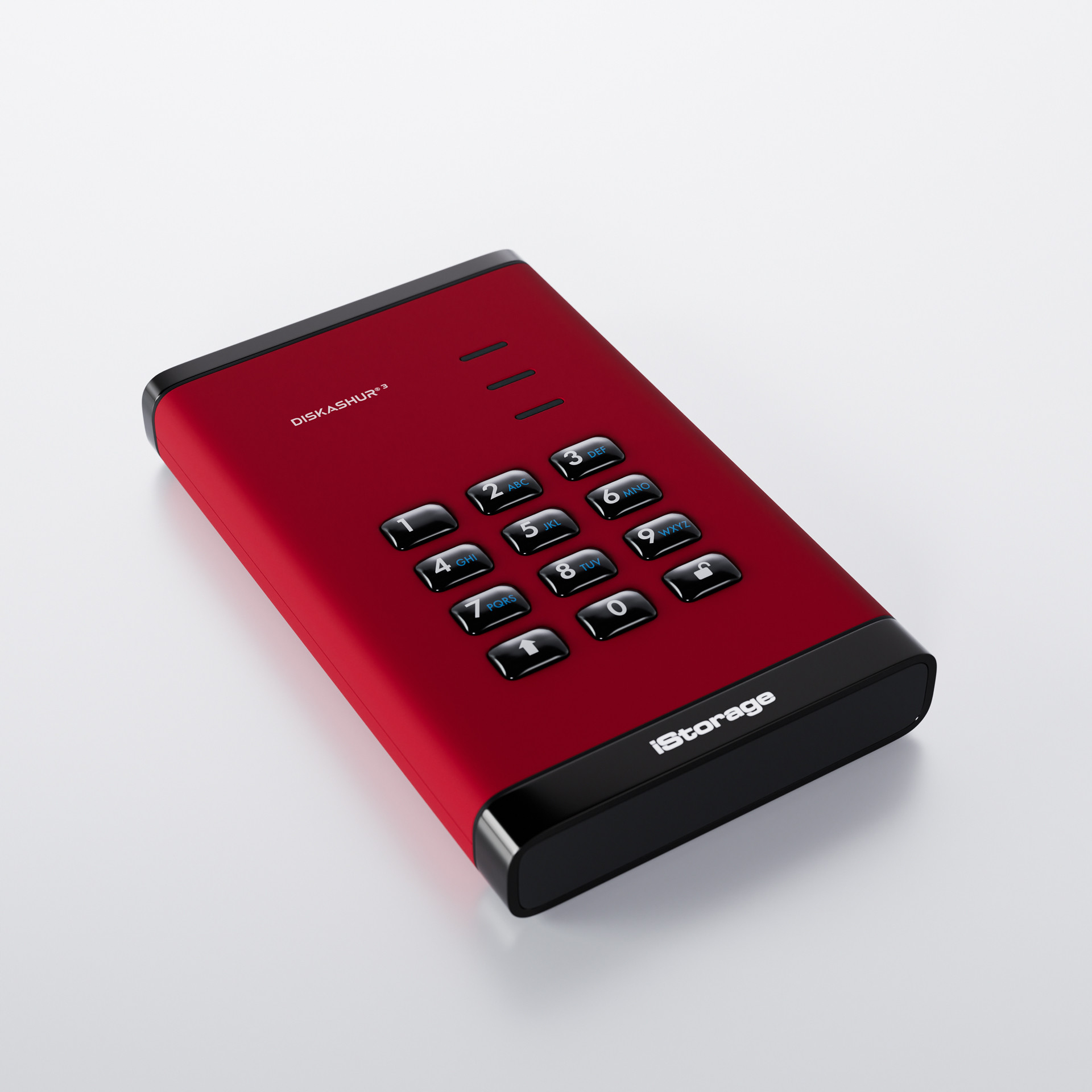 Hard disk rosso con dettagli neri. Ha pulsanti e tastierino. Etichettato 'DISKASHUR³' e 'iStorage'.