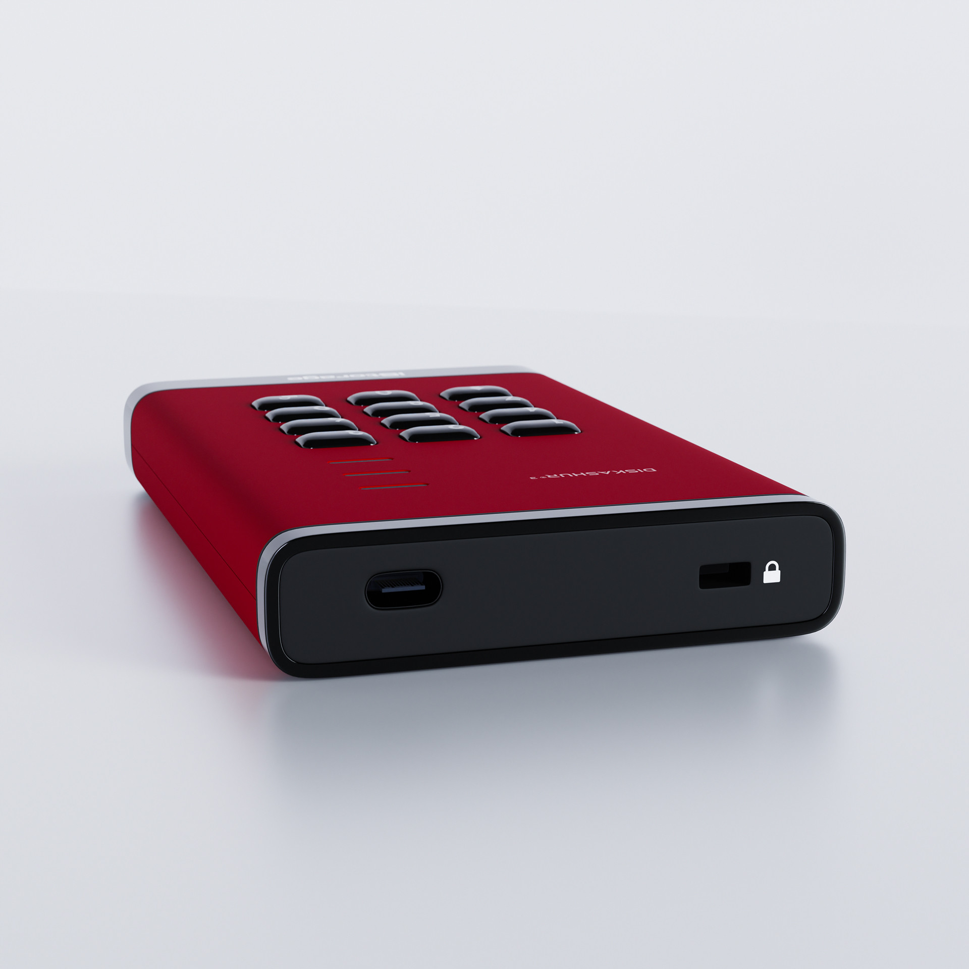 Disco rigido sicuro Diskashur2 rosso con tastiera e porta USB-C. Sfondo bianco.