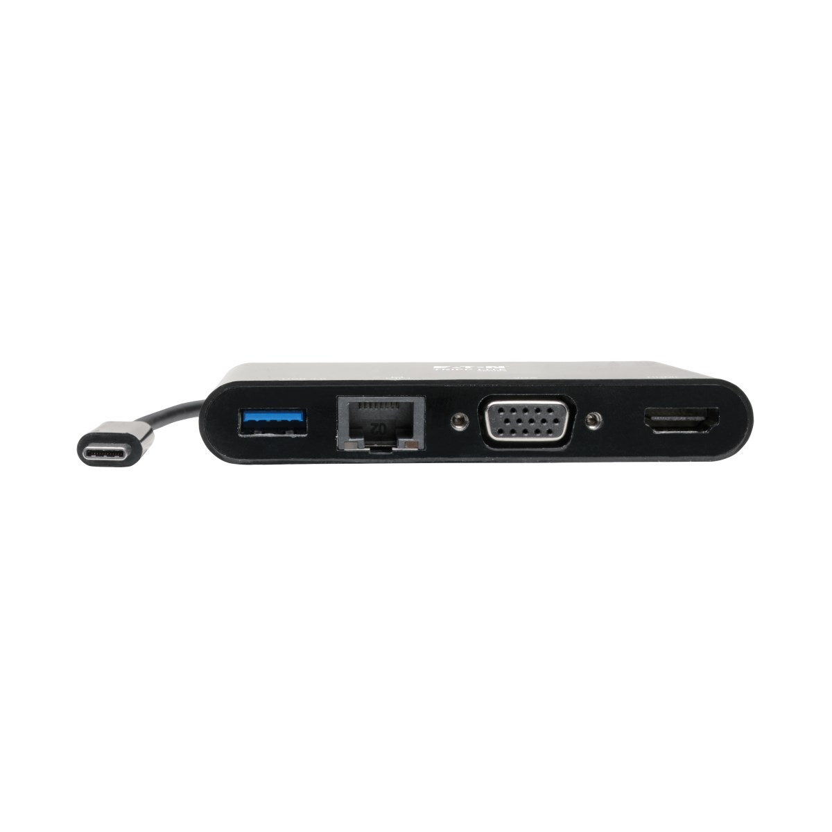 Hub USB-C con varie porte: USB, Ethernet, VGA e HDMI. Sfondo bianco.