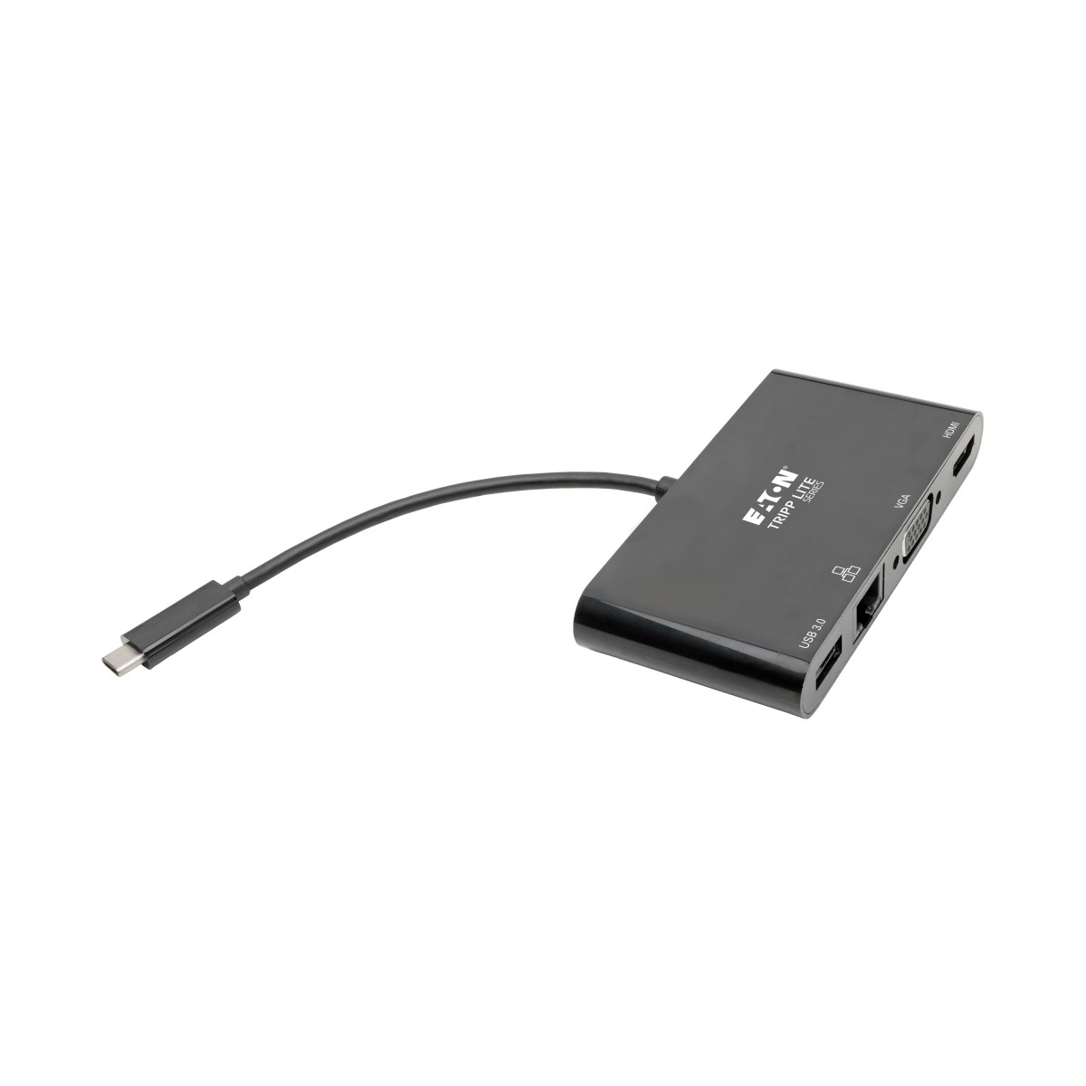 Adattatore nero con USB-C e più porte per HDMI, VGA e USB 3.0.