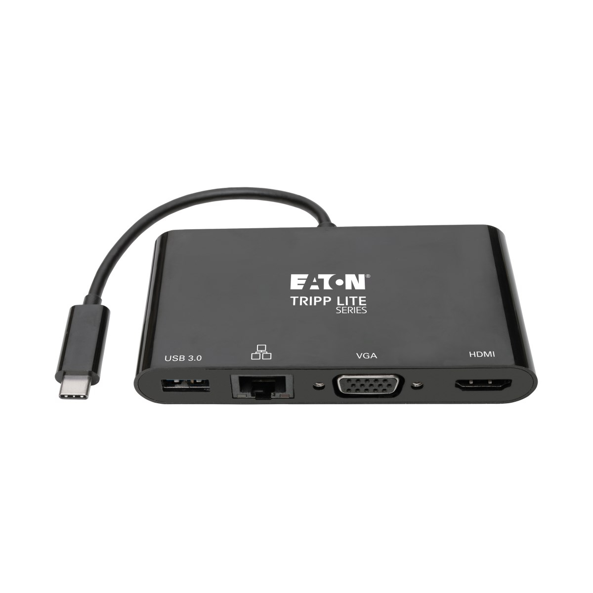 Hub USB-C nero con porte USB 3.0, Ethernet, VGA e HDMI. Sfondo bianco.