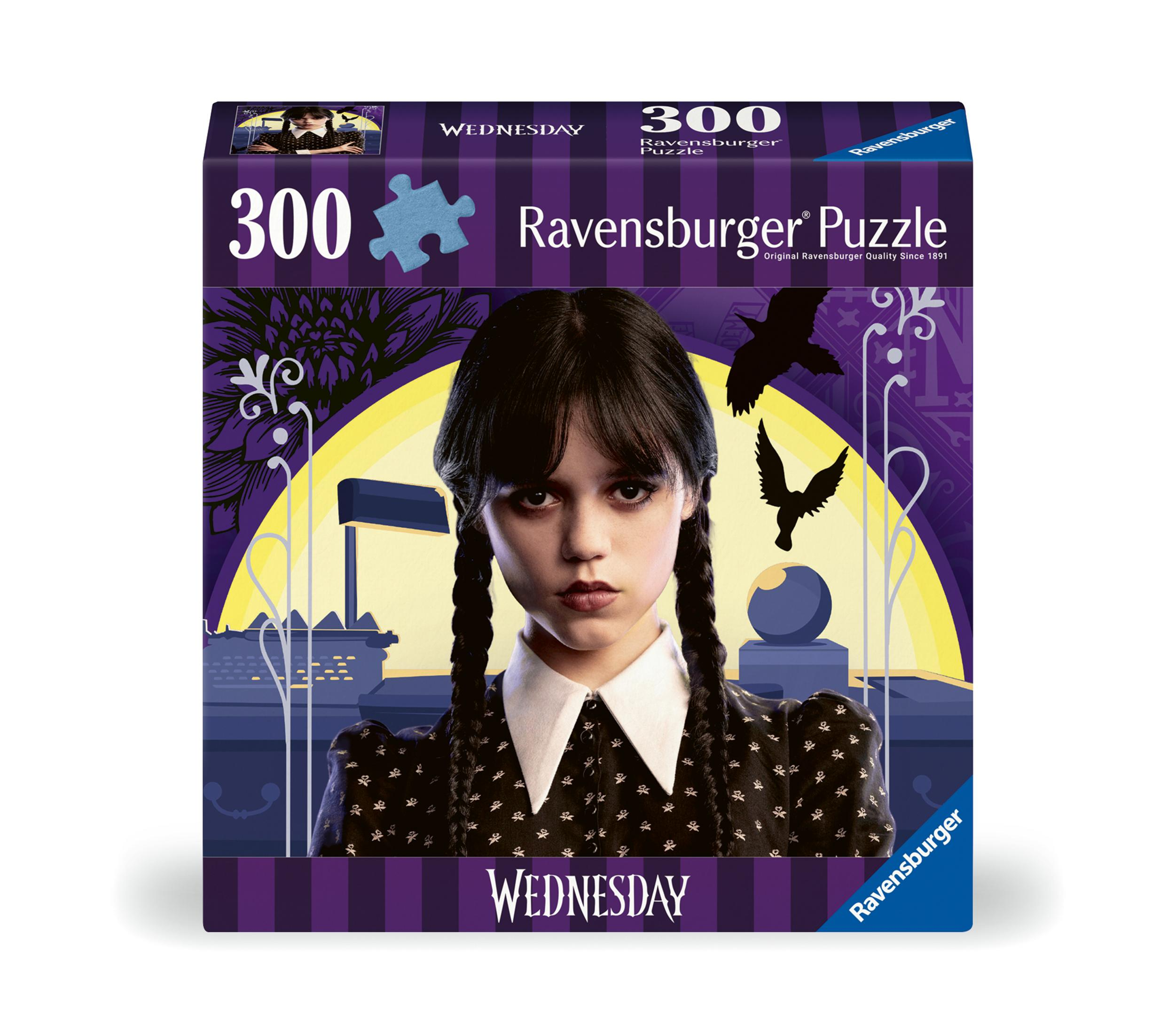 Pudełko z puzzlami Wednesday z postacią z serialu. Marka Ravensburger, 300 elementów.