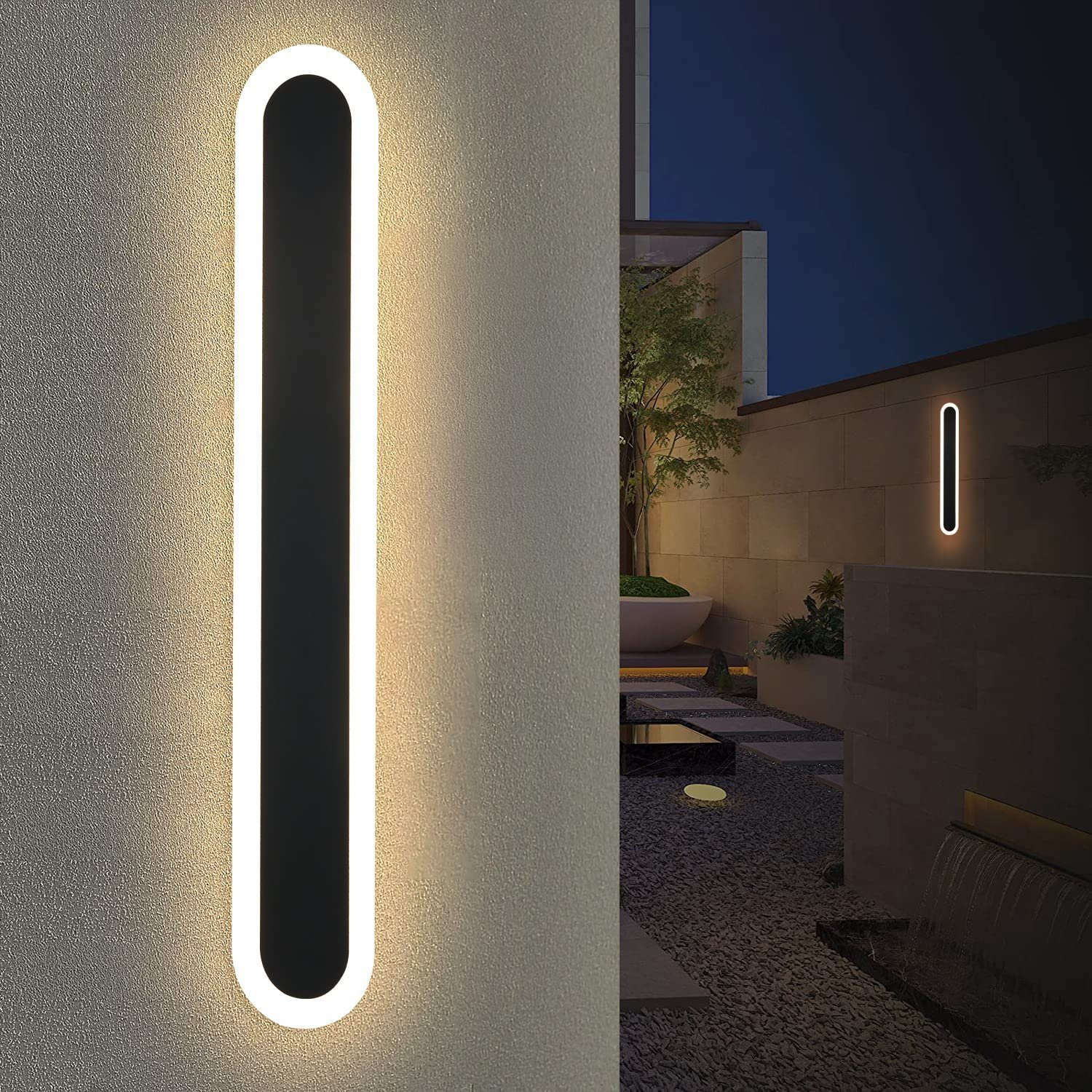 Lámpara de pared vertical exterior con luz blanca brillante. Tiene centro negro y borde blanco.