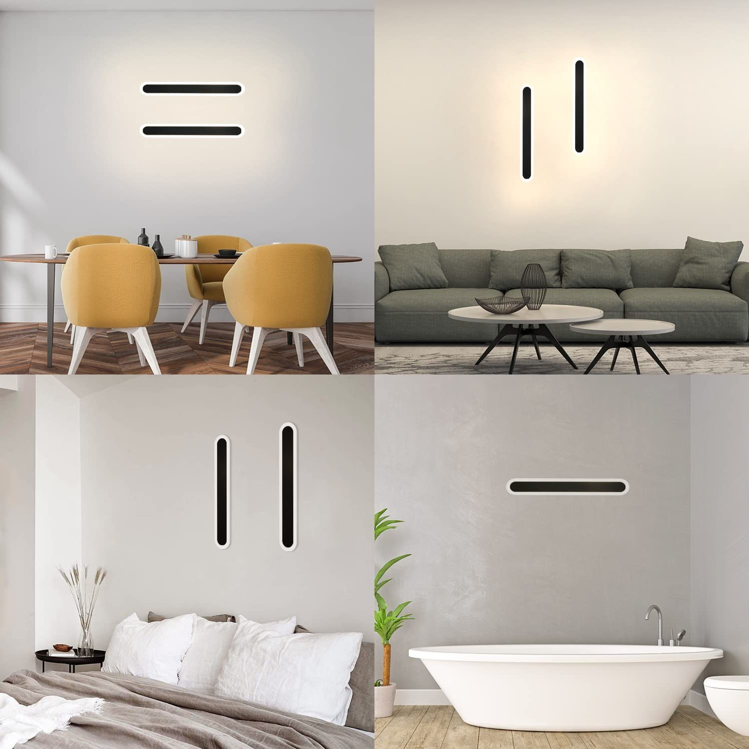 Cuatro imágenes de luces de pared en habitaciones. Las luces son barras negras. Las escenas incluyen comedor, sala de estar, dormitorio y baño.