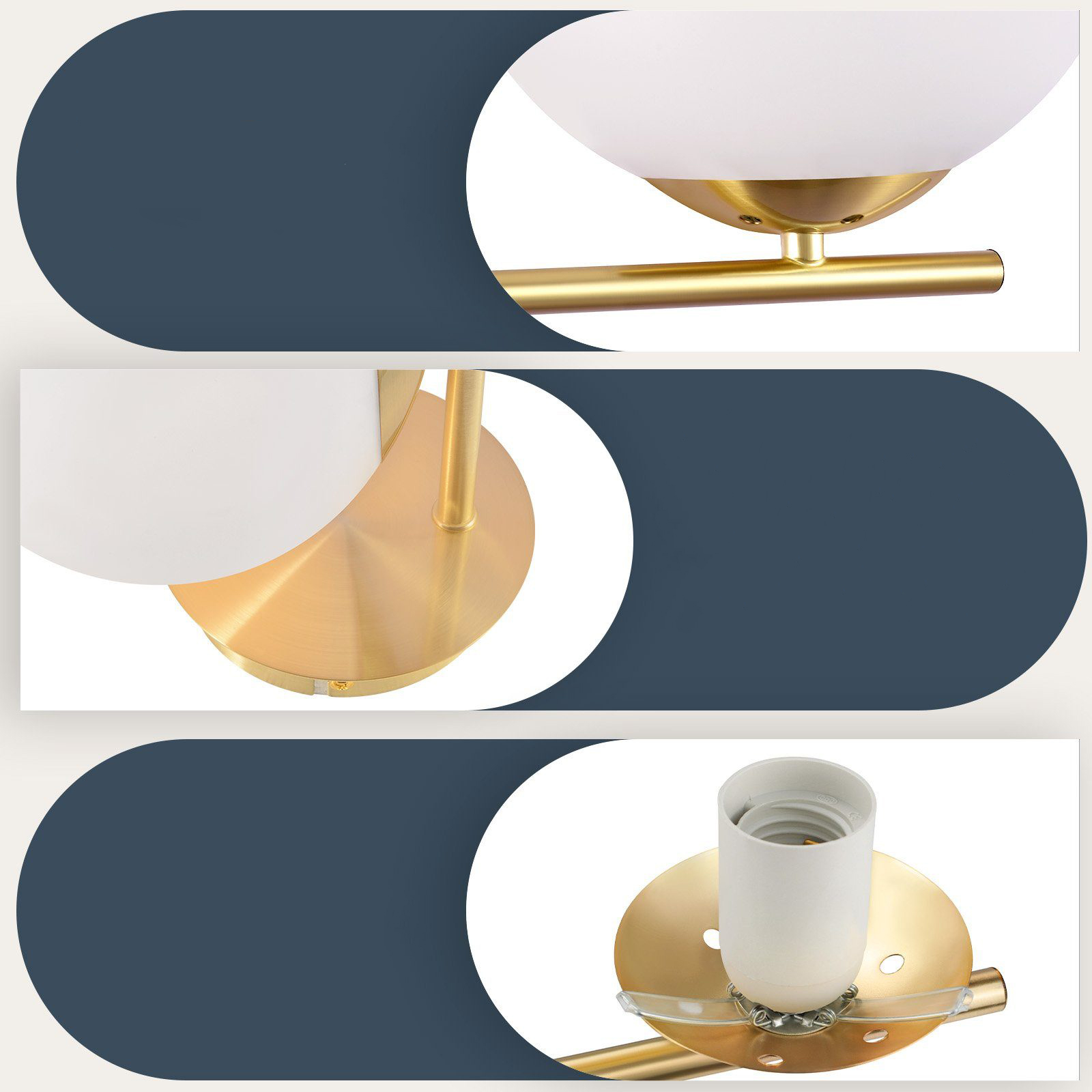 Nahaufnahme einer dreifachen Leuchte aus Gold und weißem Glas, mit Designdetails.