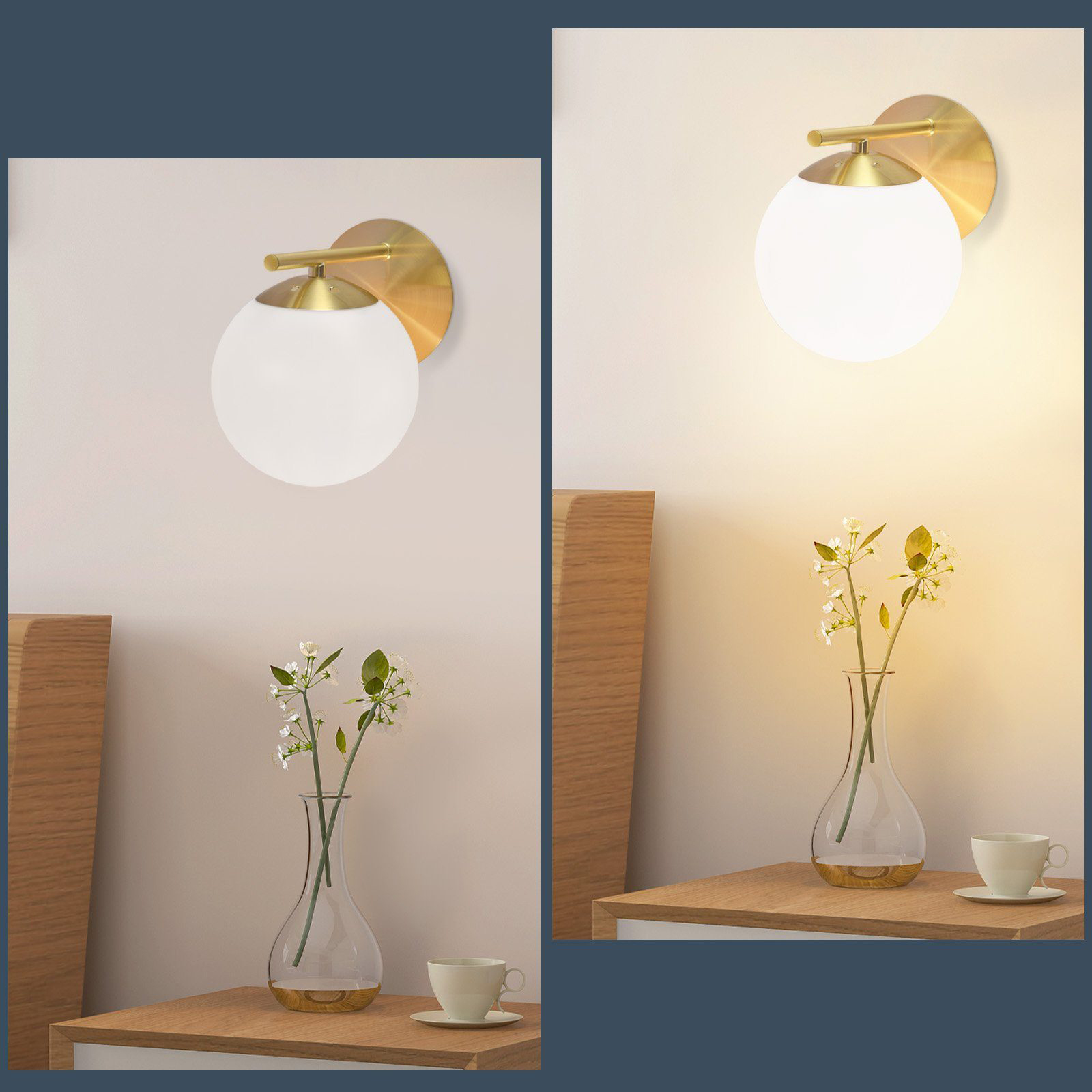 Zwei Bilder zeigen eine Wandlampe und eine Vase mit Blumen. Eine ist beleuchtet, die andere nicht.