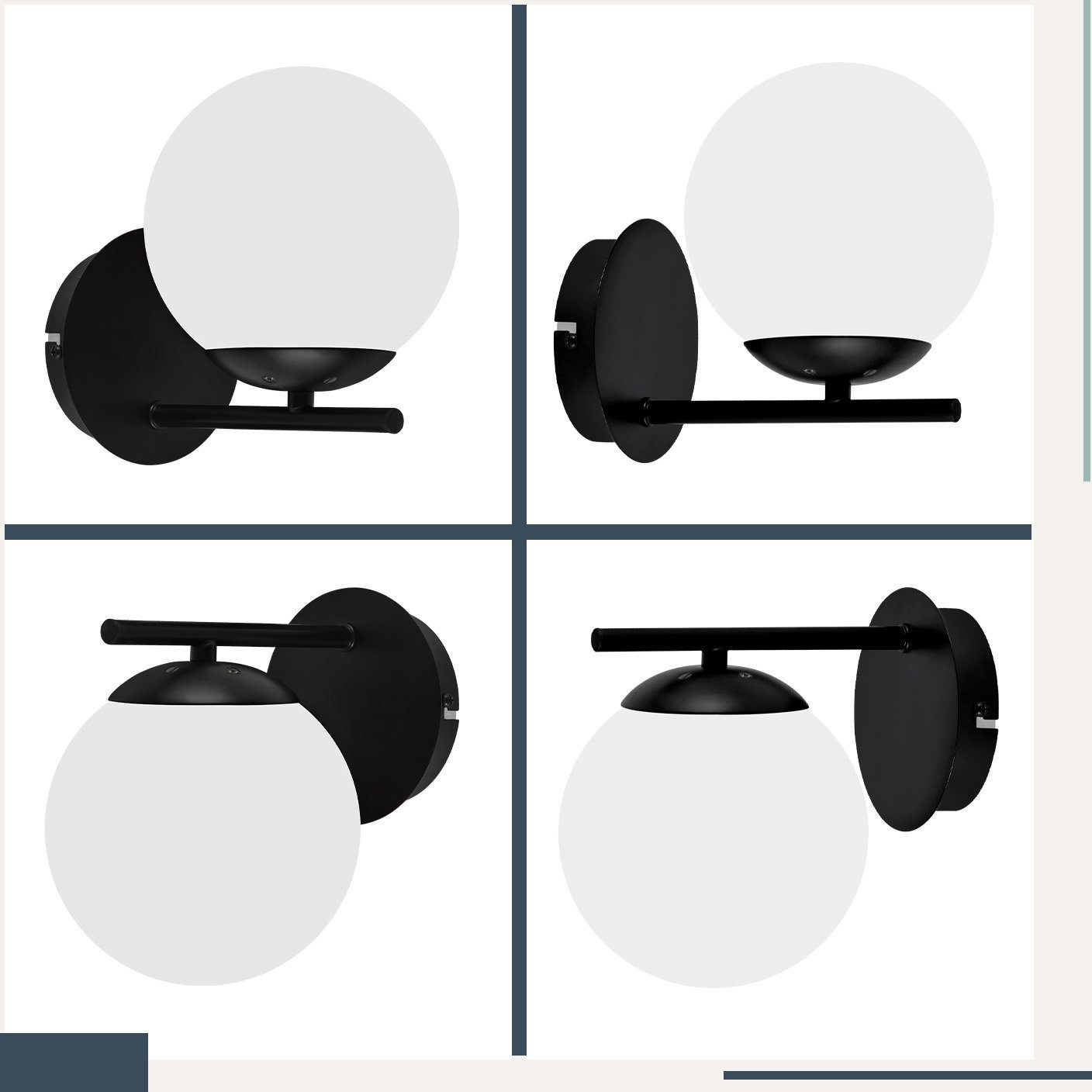 Quattro lampade da parete nere con paralume a globo bianco. Disposte in una griglia 2x2.