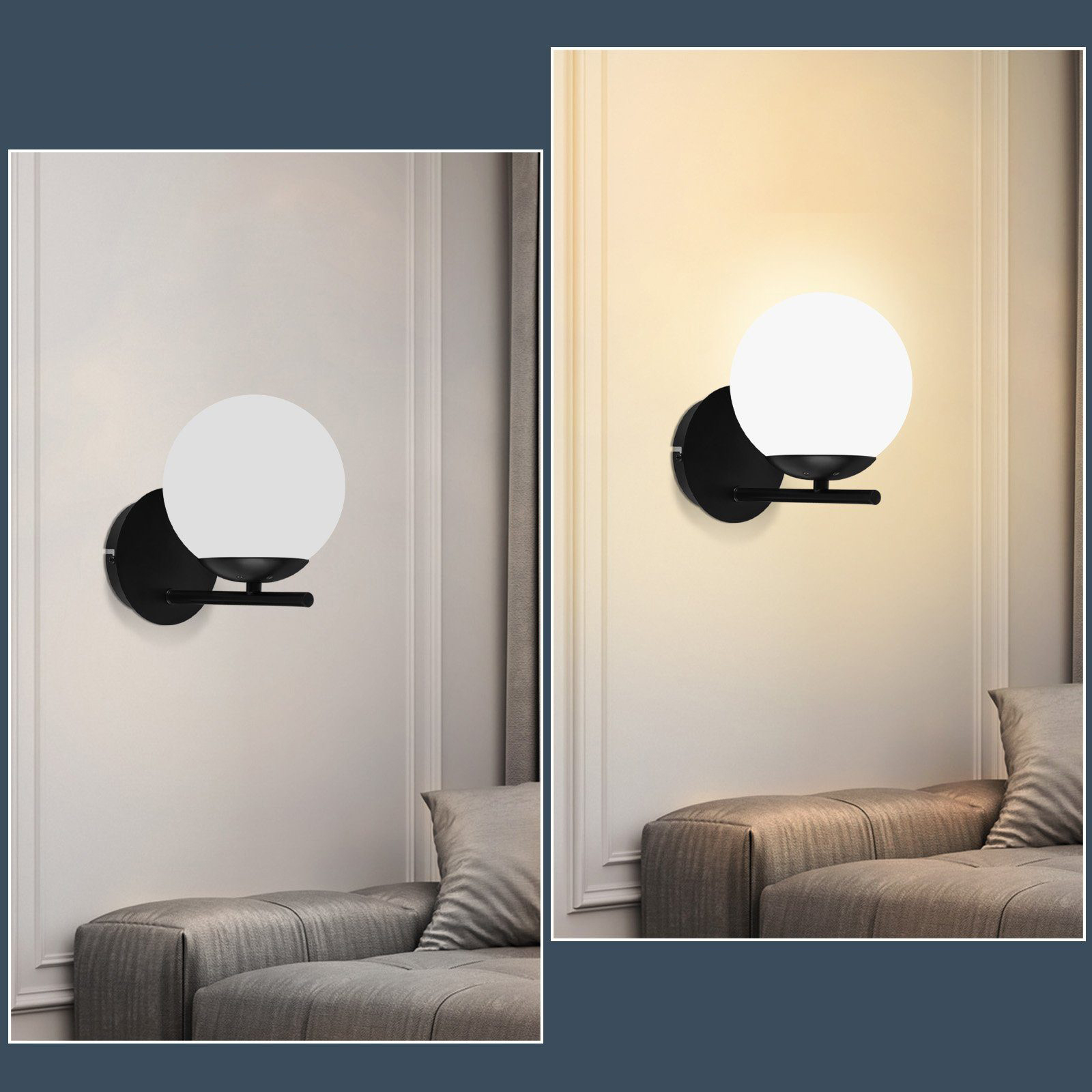 Due immagini di lampade da parete con un globo bianco su un muro.