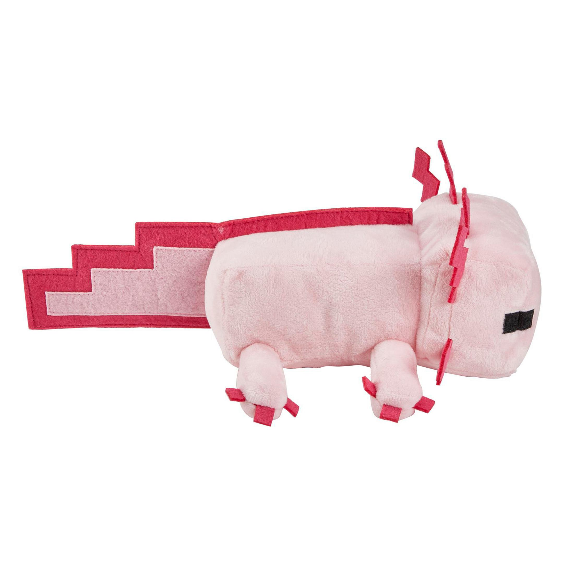 Un peluche di axolotl rosa con dettagli rossi e una coda rosa. È in stile cartone animato.
