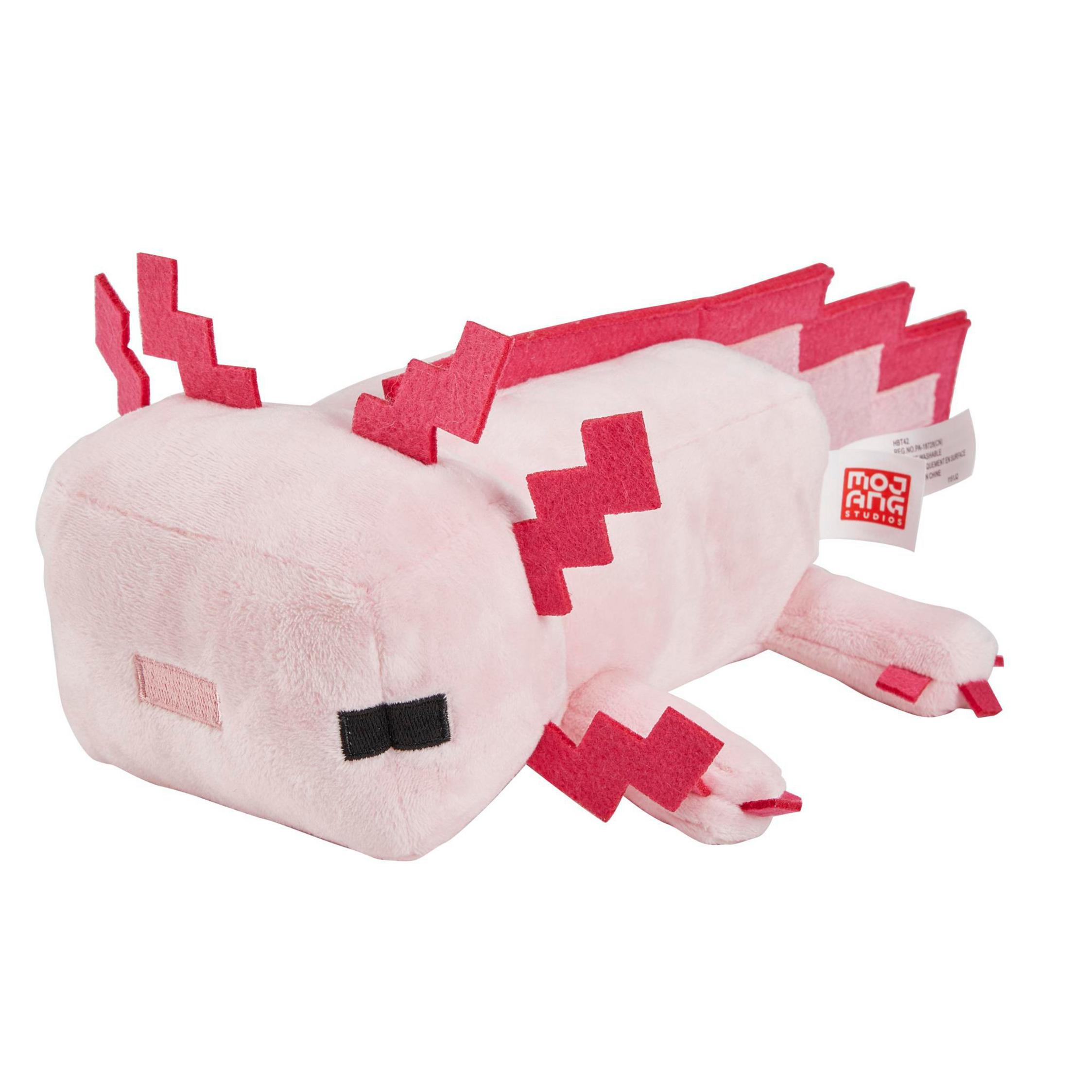 Peluche axolotl rosa di Minecraft con dettagli rossi. Sfondo bianco, vista laterale.