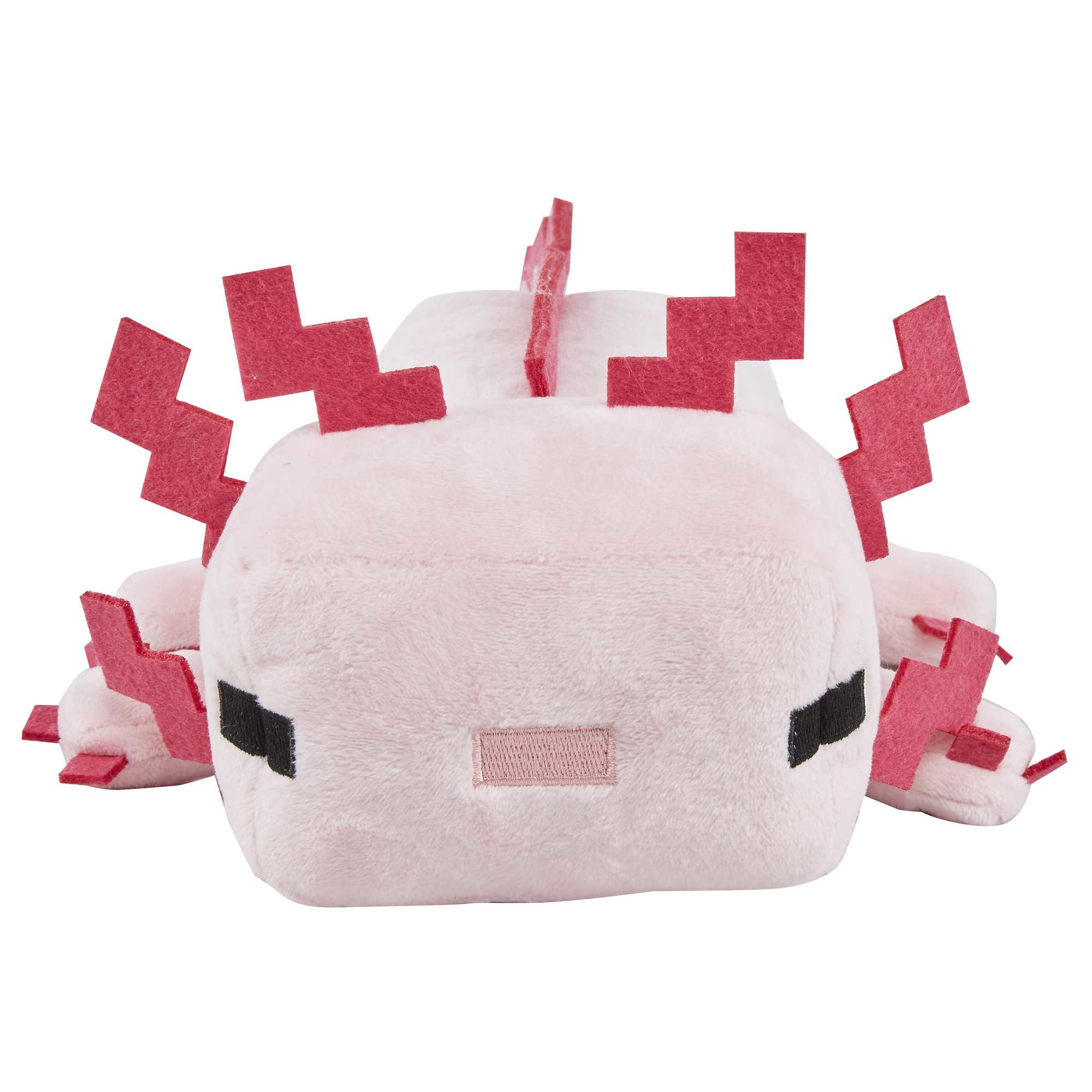 Peluche axolotl rosa di Minecraft con dettagli rossi. Sfondo bianco, vista frontale.