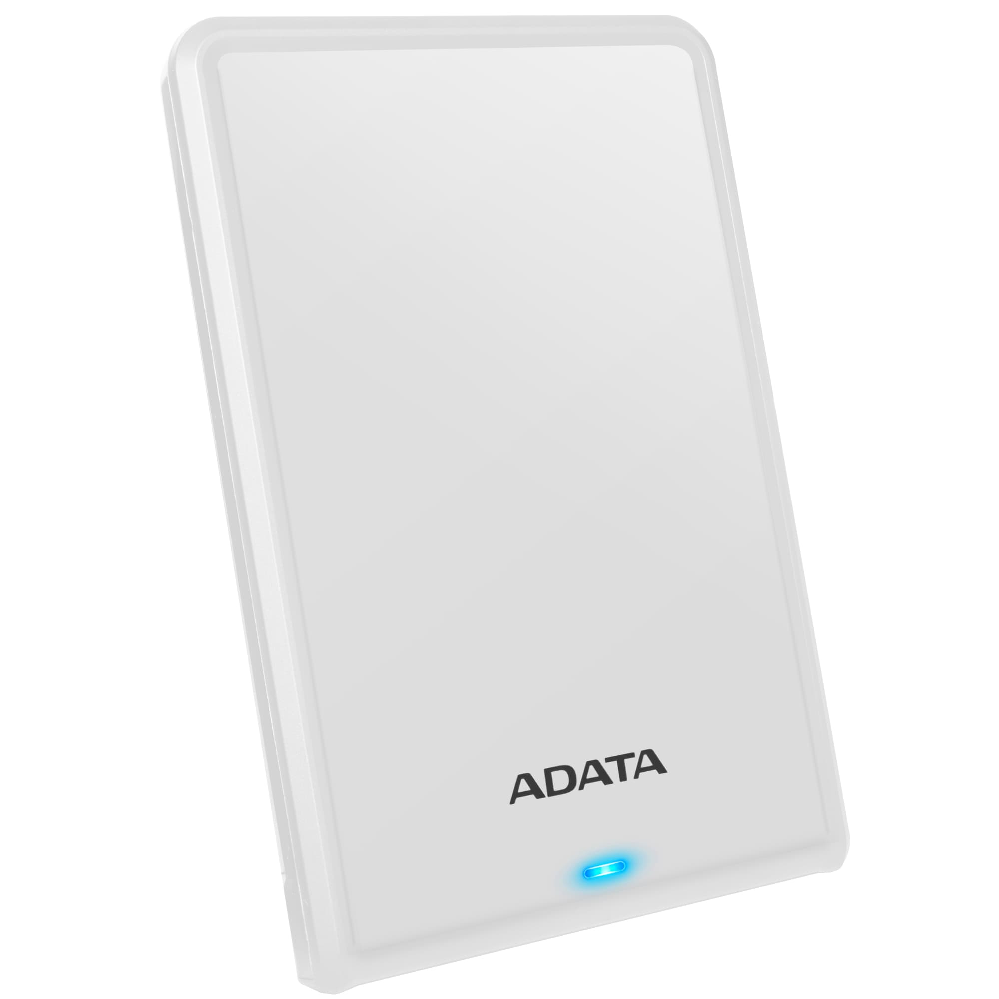 Disque dur externe blanc avec le logo ADATA. Le lecteur a une lumière LED bleue.