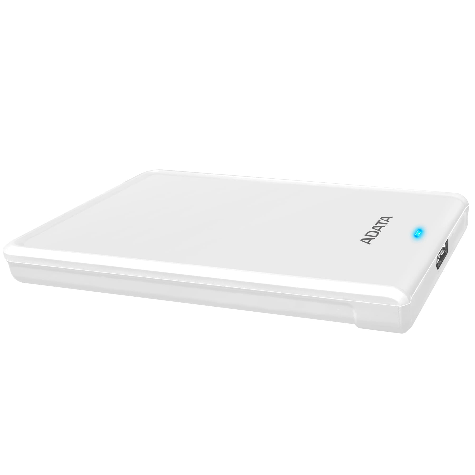 Disque dur externe Adata blanc. Le nom de la marque est imprimé sur le devant. Une lumière bleue est visible.
