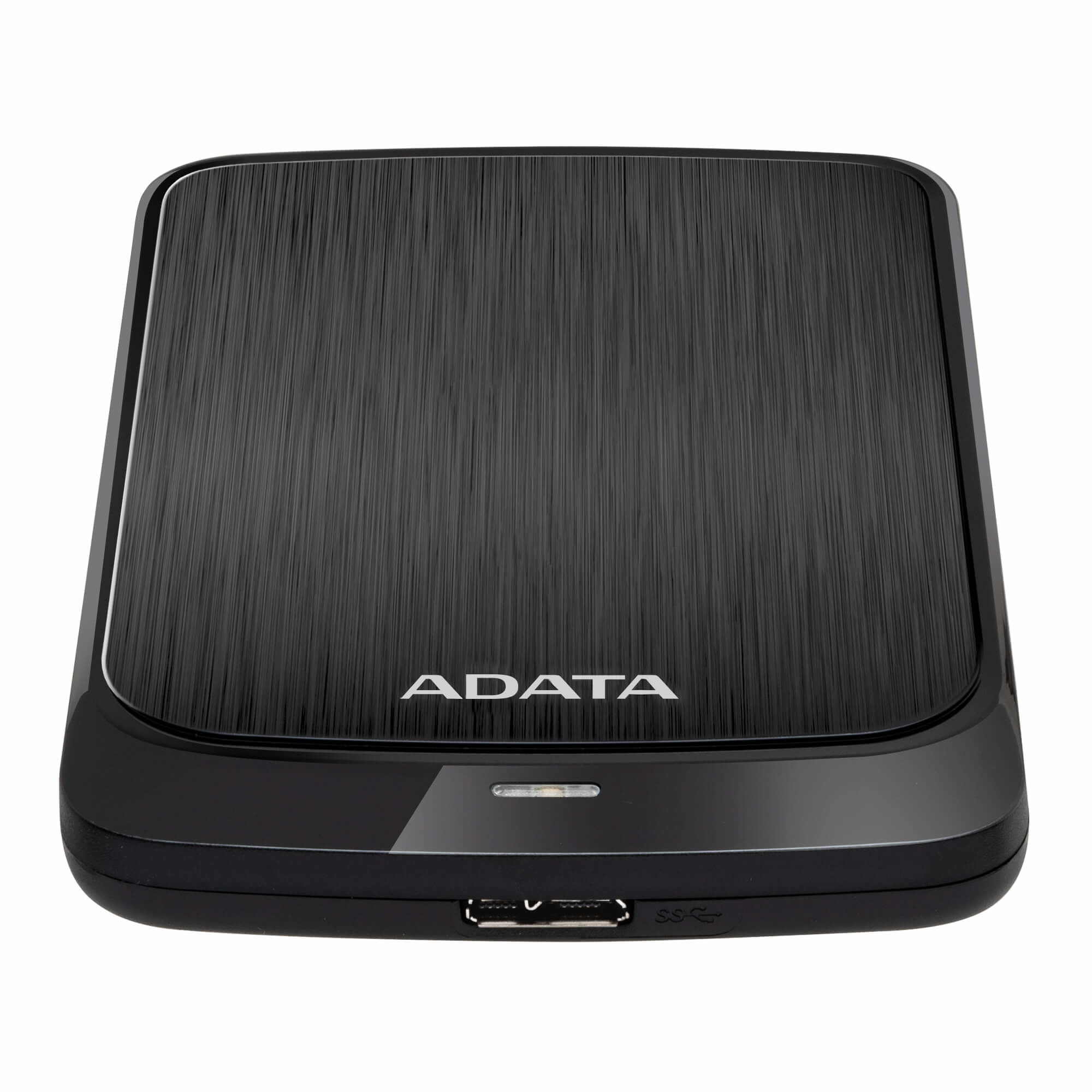 Schwarze ADATA externe Festplatte mit gebürsteter Metalloberfläche und ADATA-Logo.