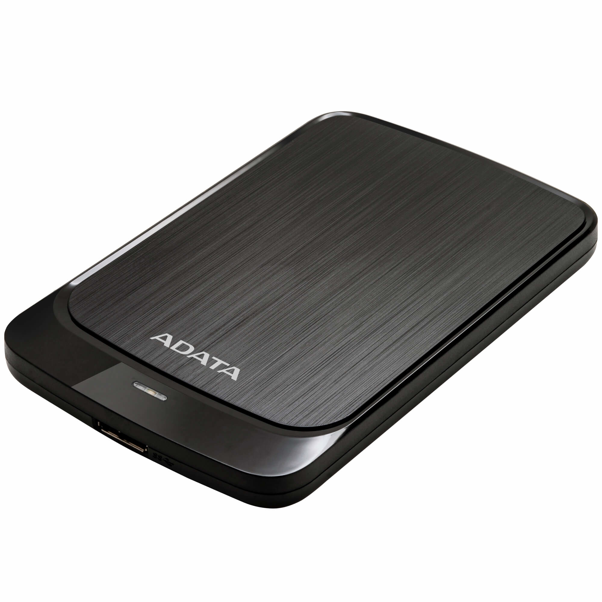 Schwarze ADATA externe Festplatte mit gebürsteter Metalloberfläche, USB-Anschluss unten.
