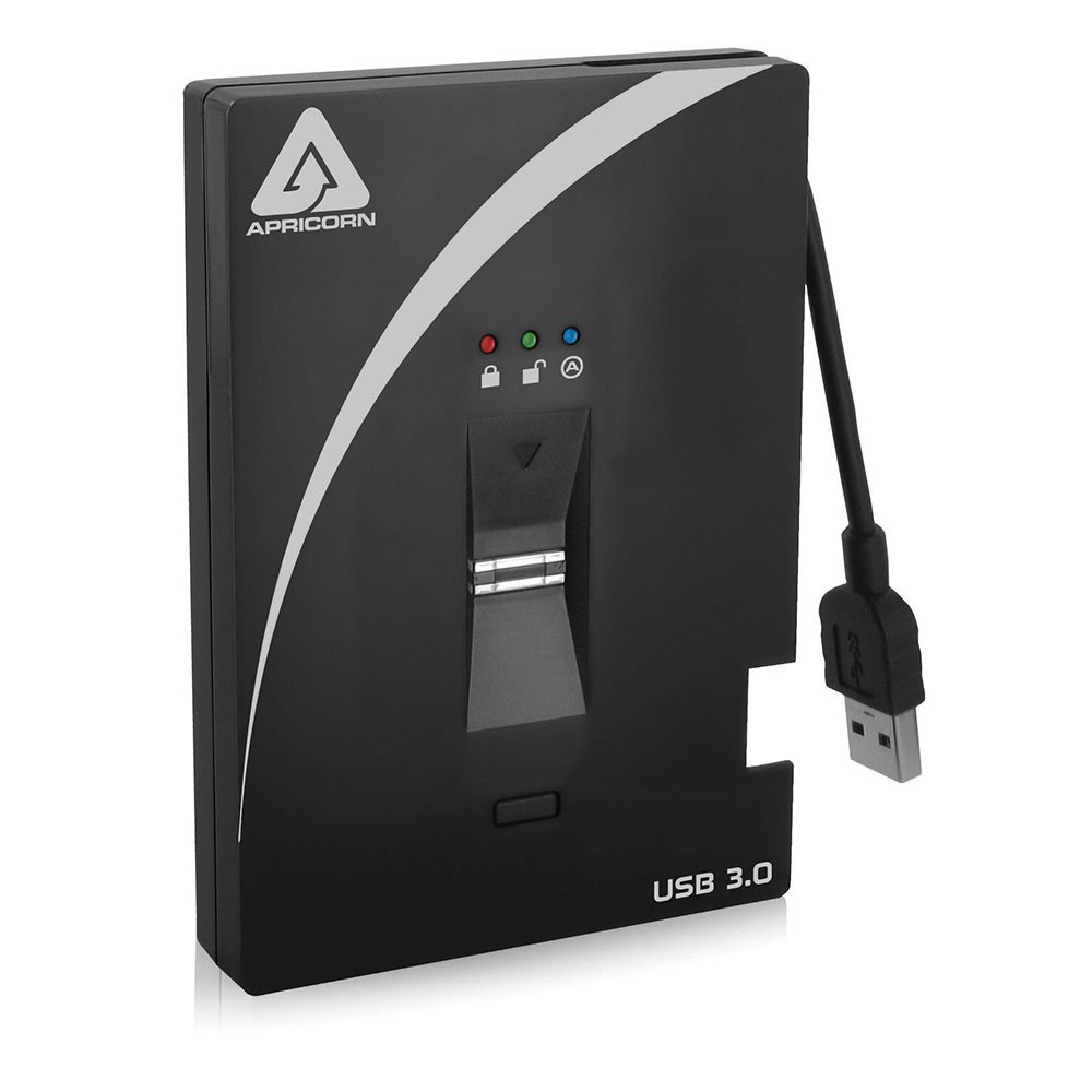 Zwarte Apricorn externe harde schijf met een USB-kabel en indicatielampjes. De achtergrond is wit.