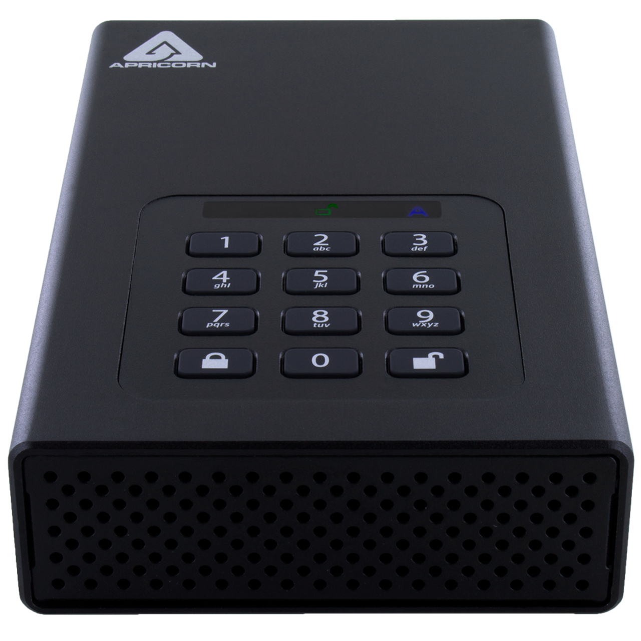 Zwarte Apricorn externe harde schijf met keypad, een witte achtergrond en vooraanzicht.
