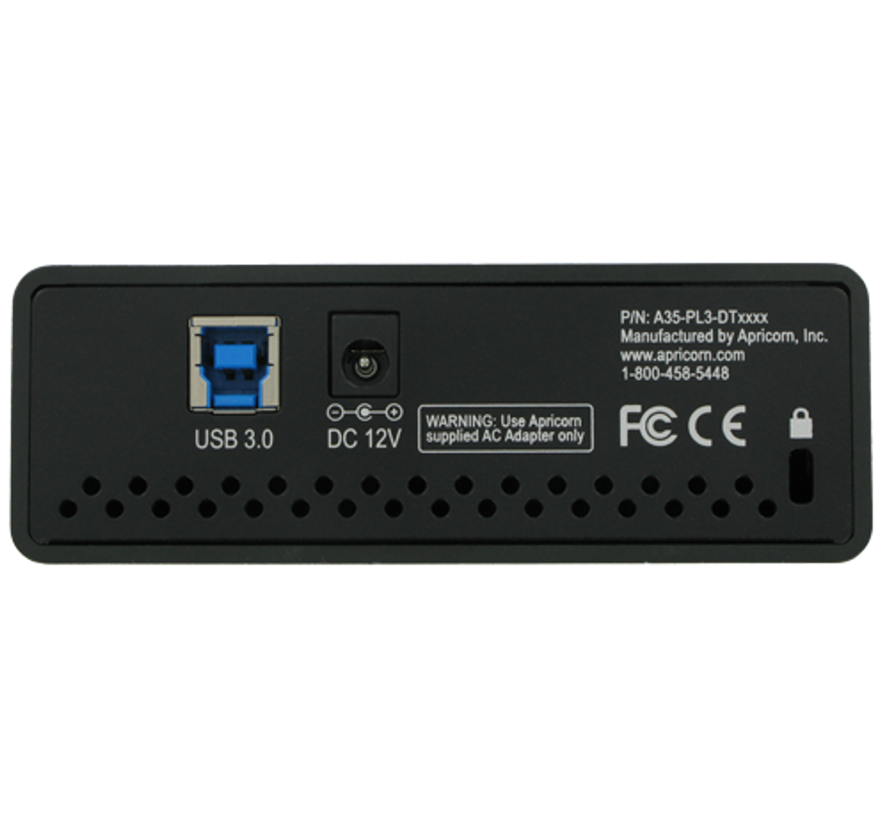 Achterkant van een zwarte beveiligde harde schijf met USB 3.0 en DC 12V poorten.