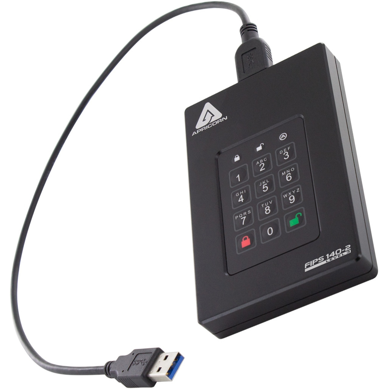 Zwarte Apricorn externe harde schijf met een USB-kabel en keypad. De schijf is gekanteld. Wit.