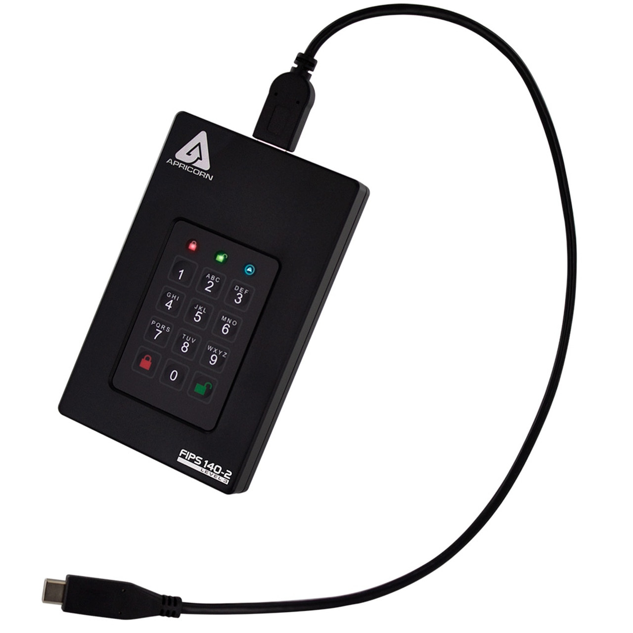 Een zwarte Apricorn harde schijf met een toetsenbord en een USB-kabel.