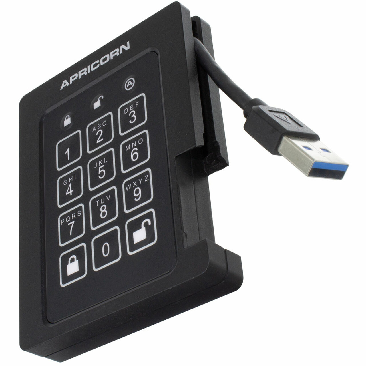 Een zwarte Apricorn harde schijf met een toetsenbord en een USB-kabel.