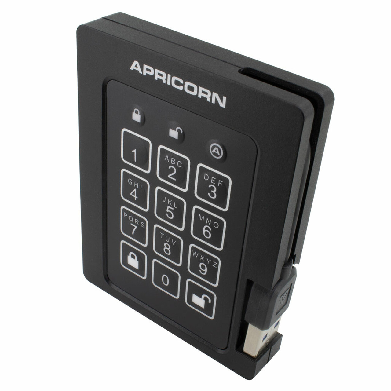 Een zwarte Apricorn harde schijf met een toetsenbord en een USB-poort.