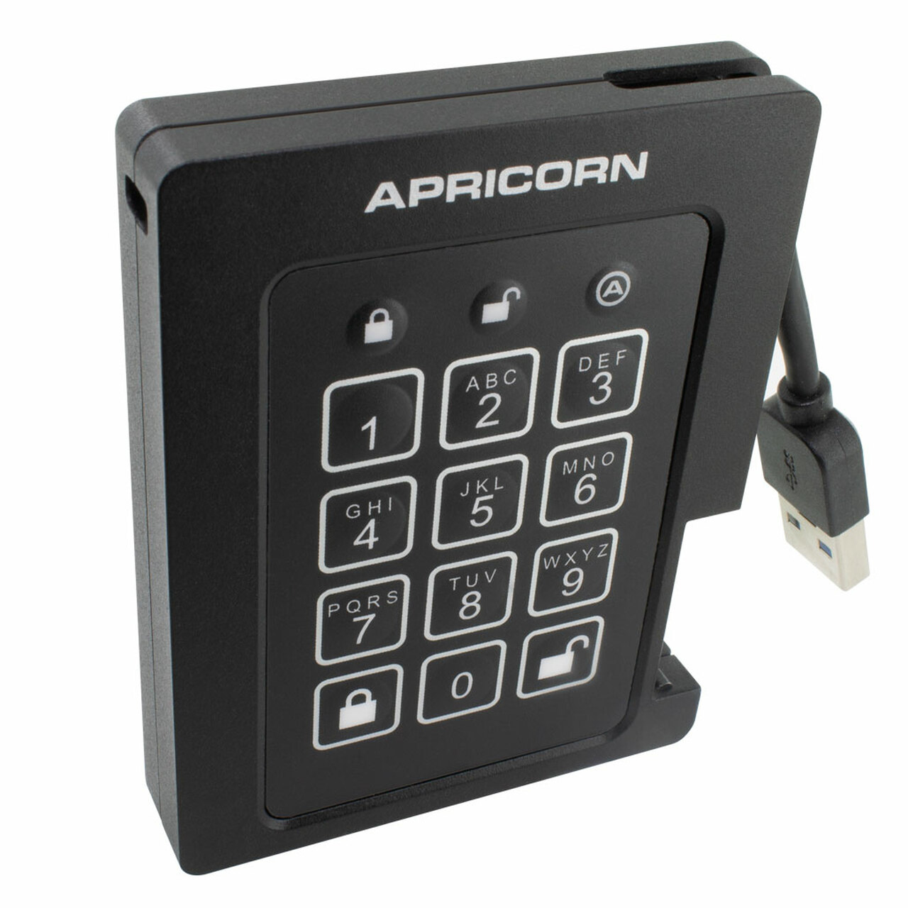 Een zwarte Apricorn harde schijf met een toetsenbord en een USB-kabel.