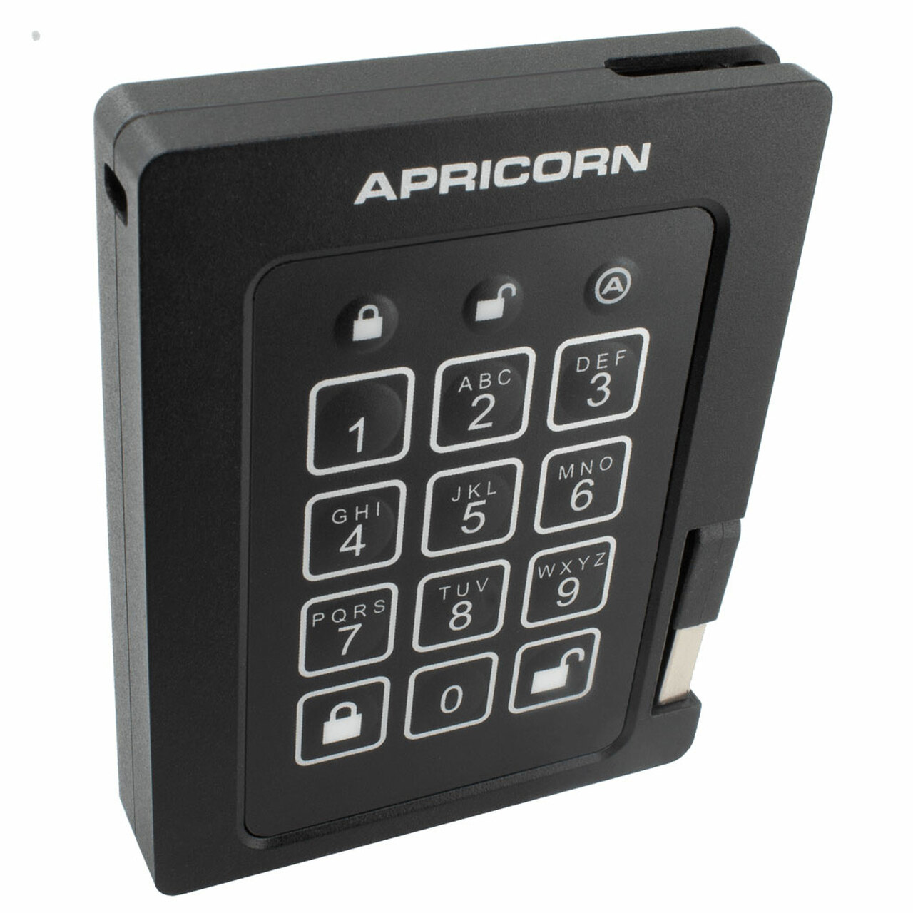 Zwart Apricorn-toestel met numeriek toetsenbord.