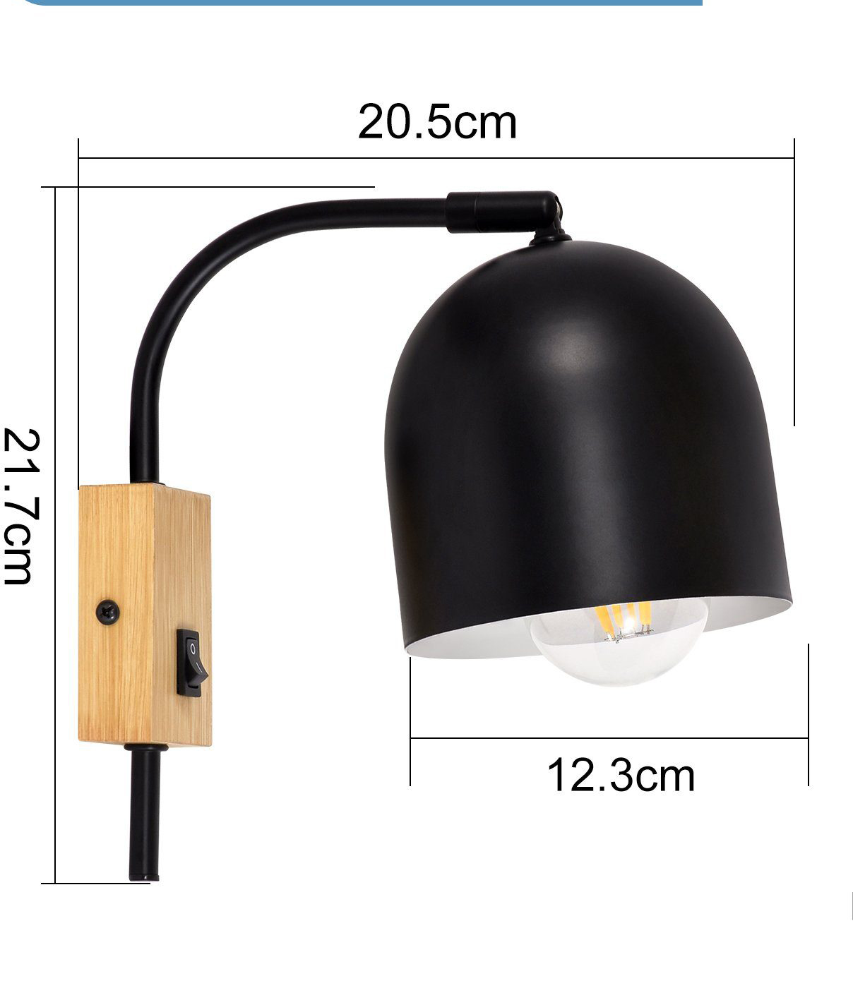 Lampada da parete con paralume nero, base in legno e descrizione delle dimensioni.
