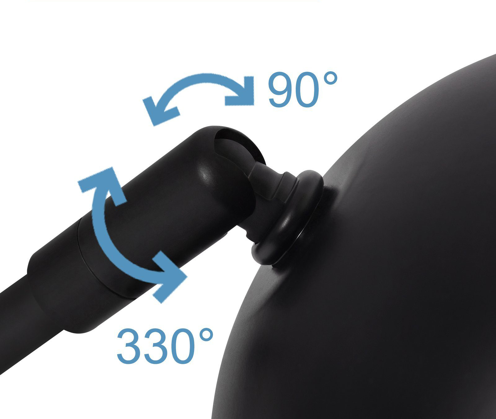 Componente di lampada nero con frecce che indicano angoli di rotazione di 90 e 330°.