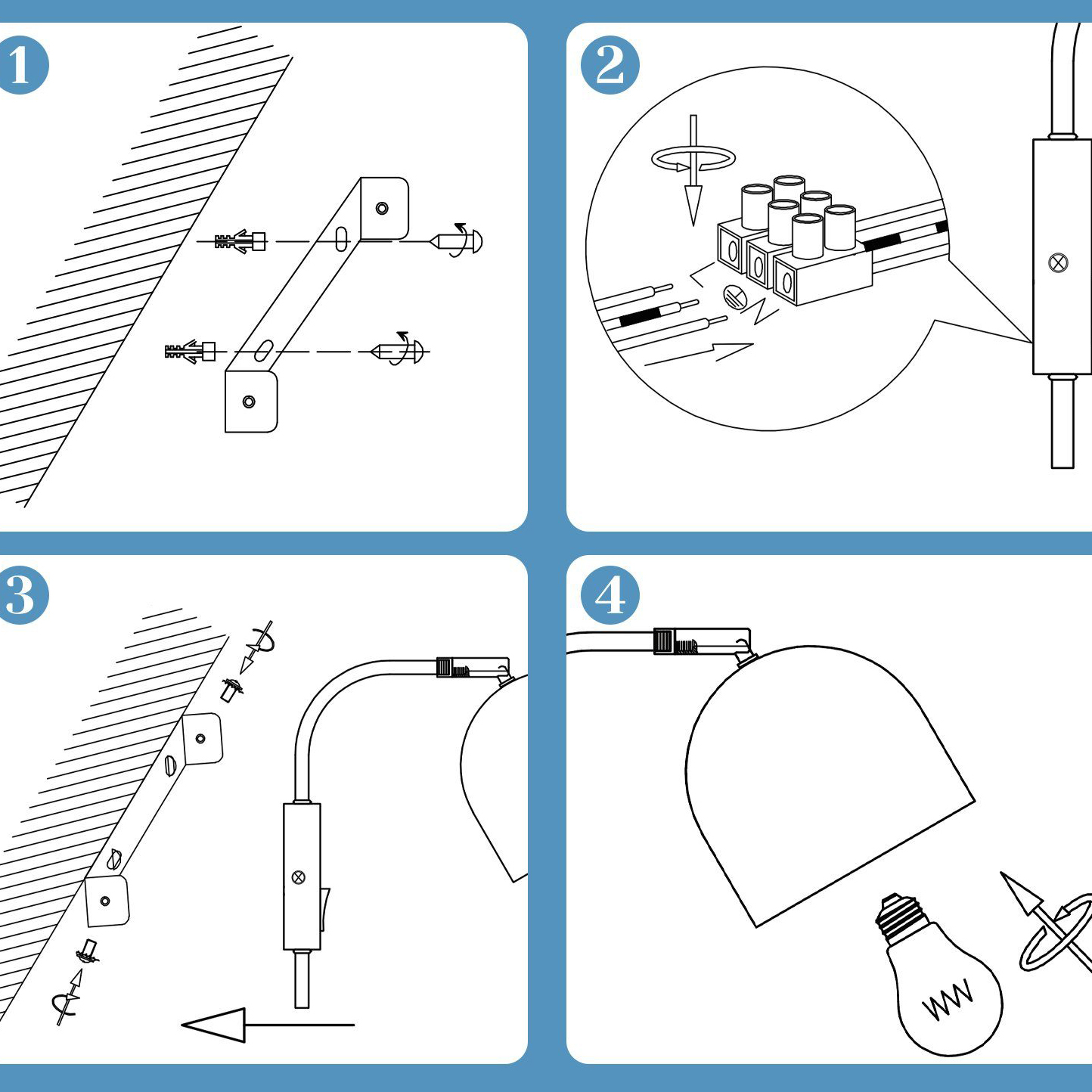 Diagramma delle fasi di installazione della lampada: staffe, cablaggio e montaggio della lampadina, sfondo blu.