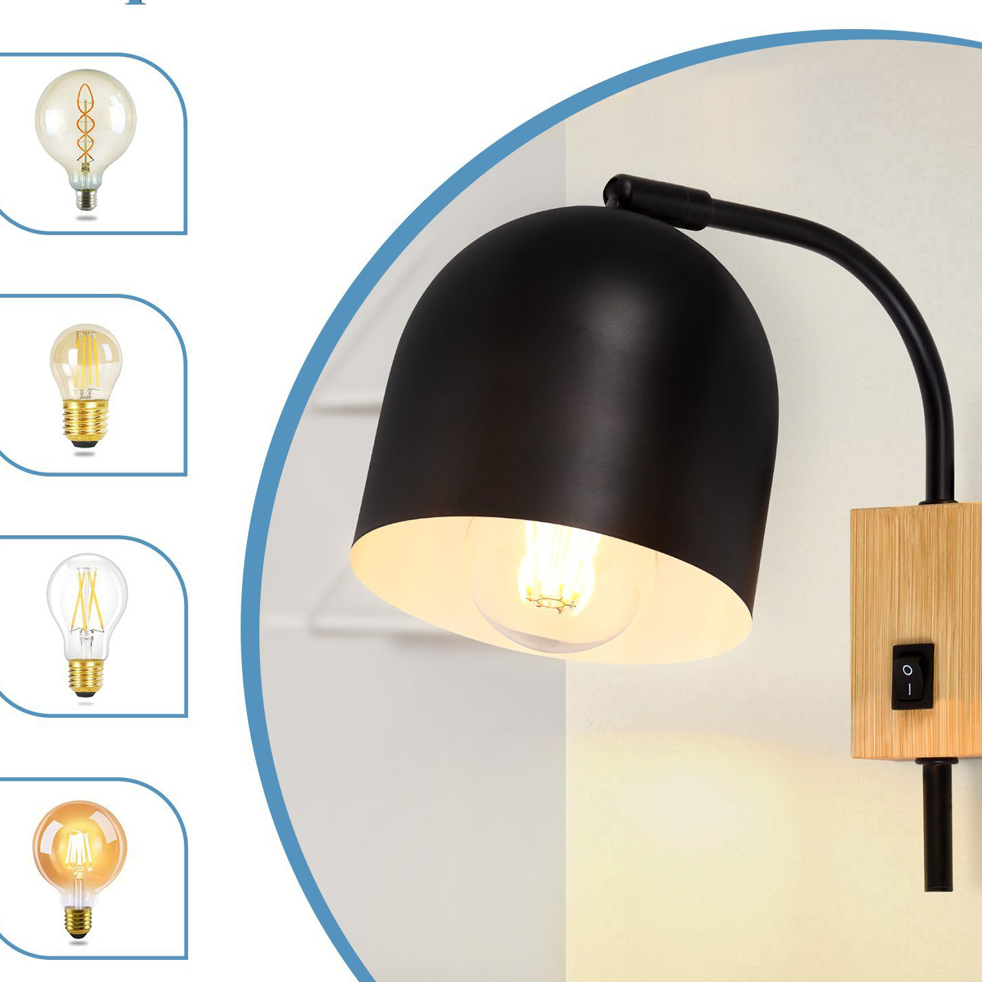 Lampada da parete con paralume nero, base in legno e varie lampadine.