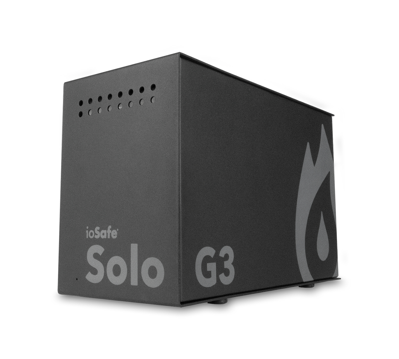 Dispositivo ioSafe Solo G3 nero, rettangolare, su sfondo bianco, con logo e testo.