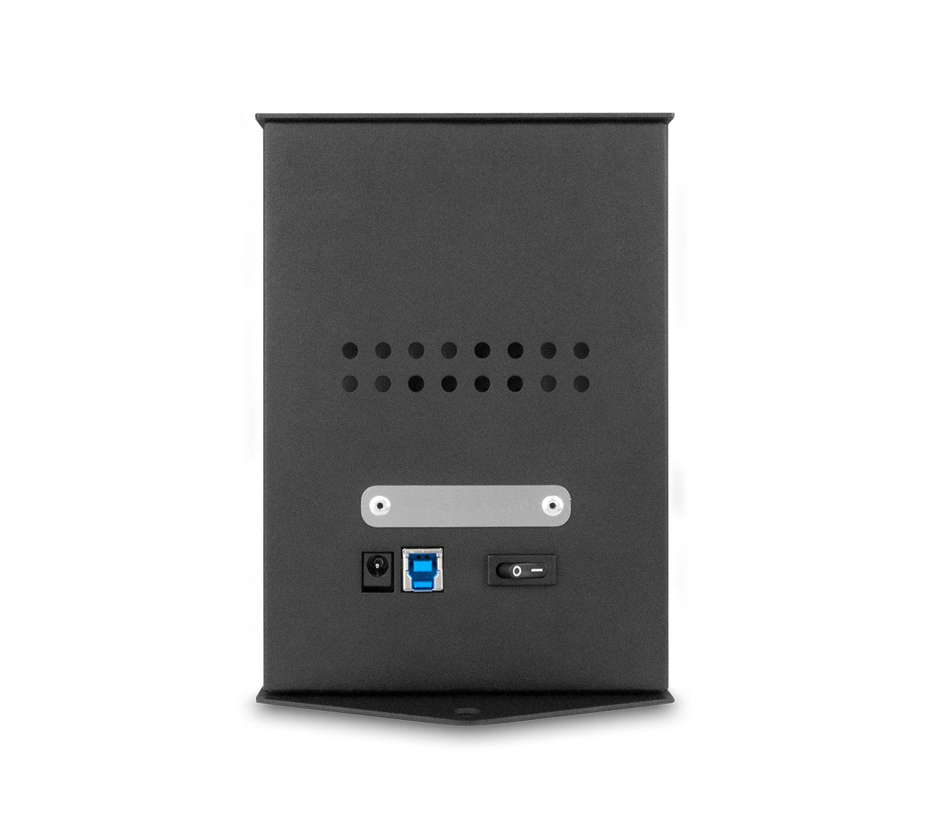 Disco rigido esterno nero con dettagli del pannello posteriore: porte, USB, interruttore di alimentazione.