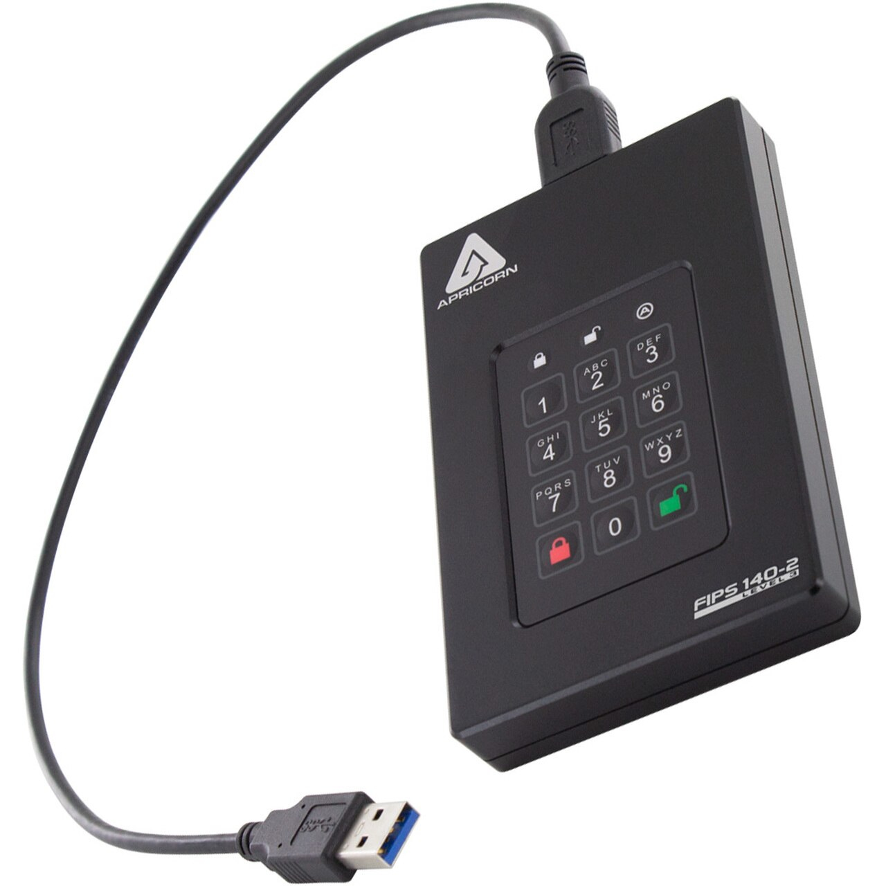 Zwarte Apricorn externe harde schijf met een toetsenbord en USB-kabel.