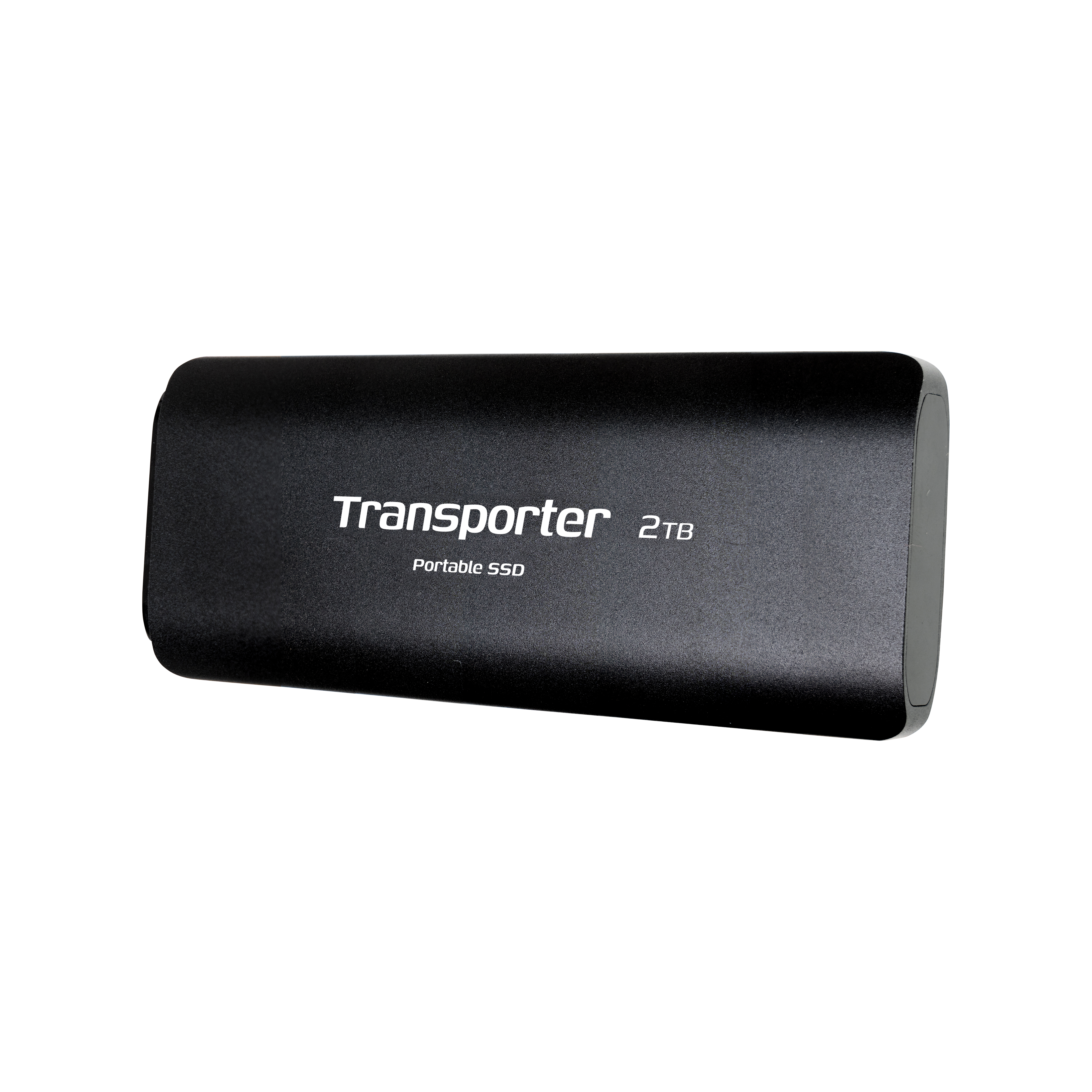 Disco rigido esterno nero con il testo Transporter Portable SSD.