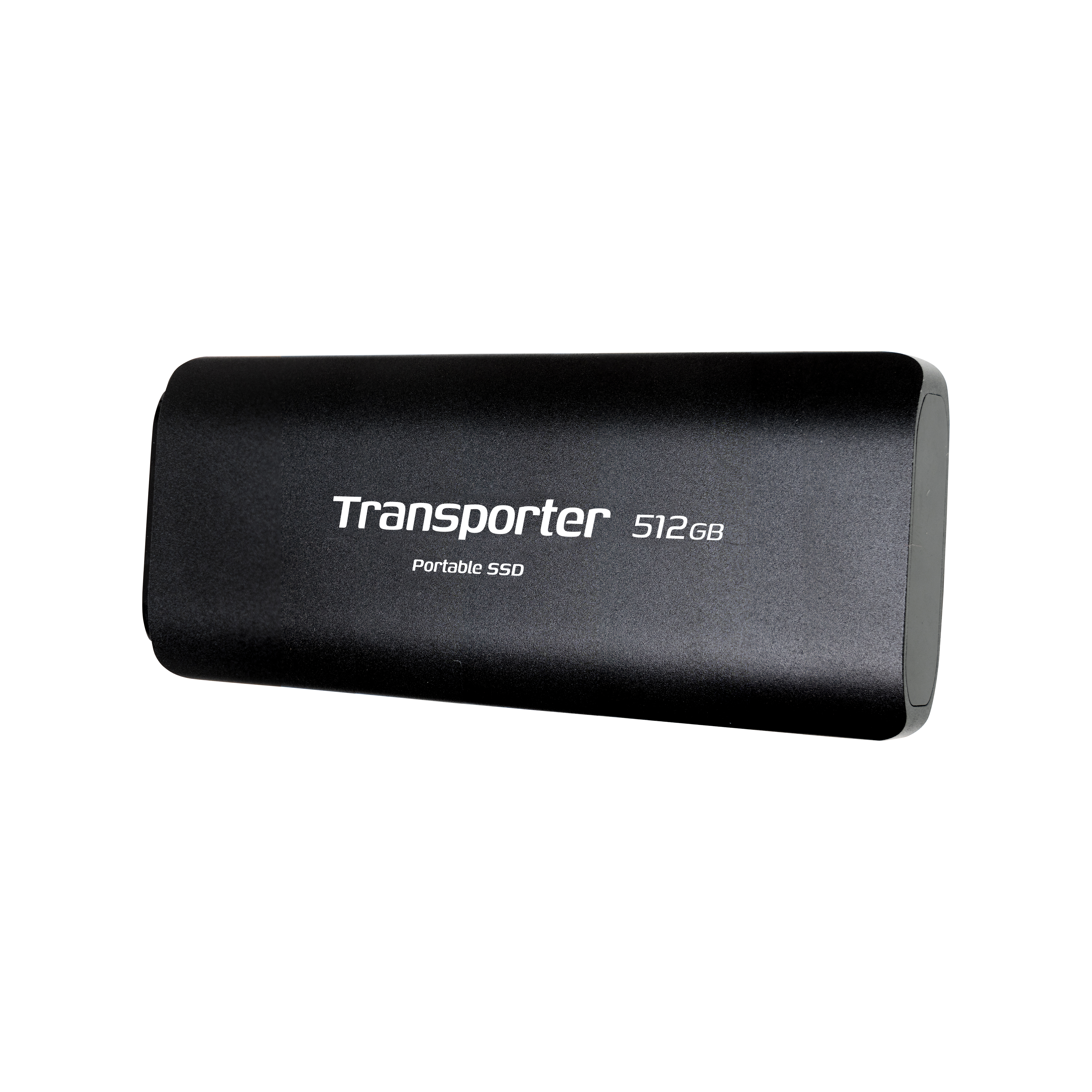 SSD nero con testo bianco. L'etichetta recita 'Transporter 512GB Portable SSD'.