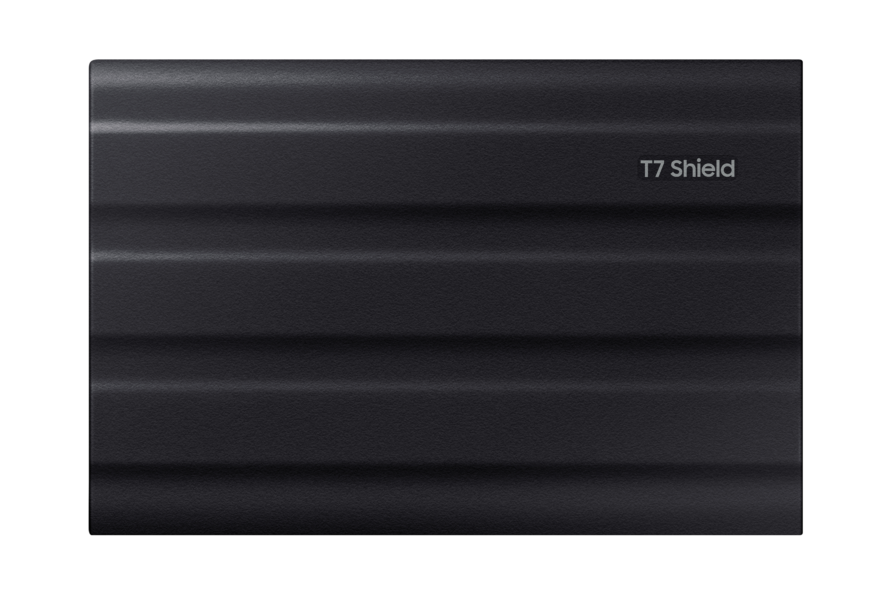 Black external hard drive, model T7 Shield, with textured surface and white text on a white background.