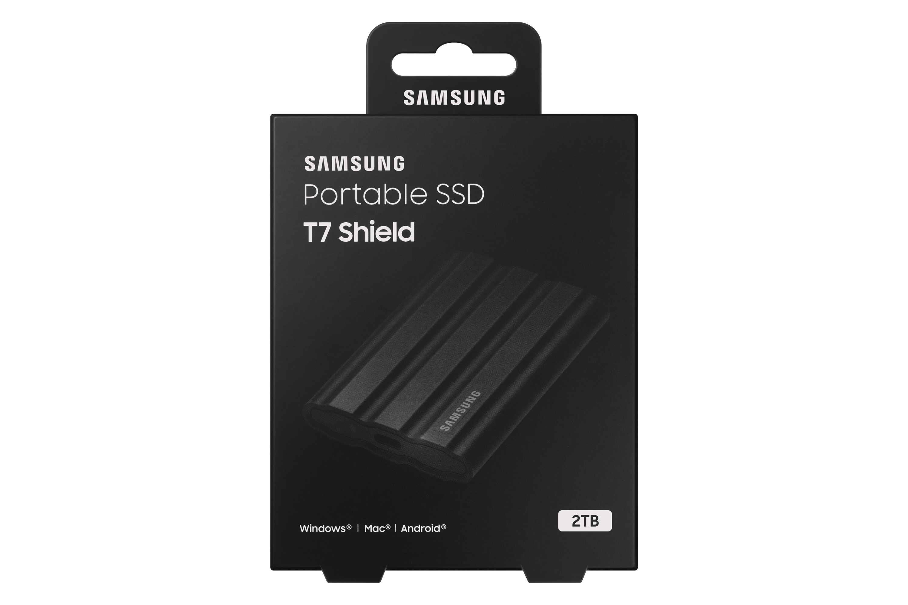 Samsung Portable SSD T7 Shield box. Black and grey design, 2TB capacity, white background.