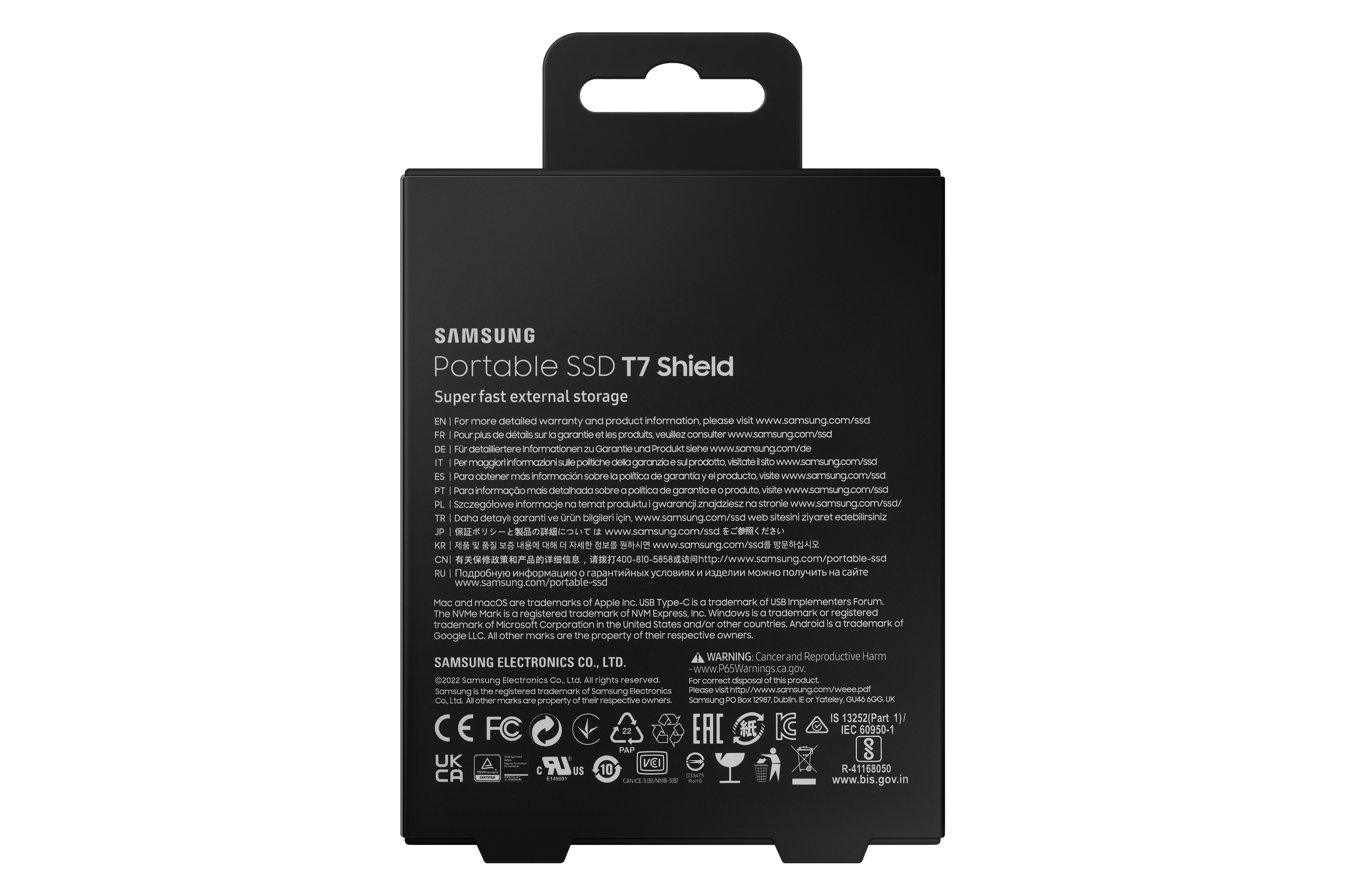 Black Samsung Portable SSD T7 Shield box, with product information on the back.