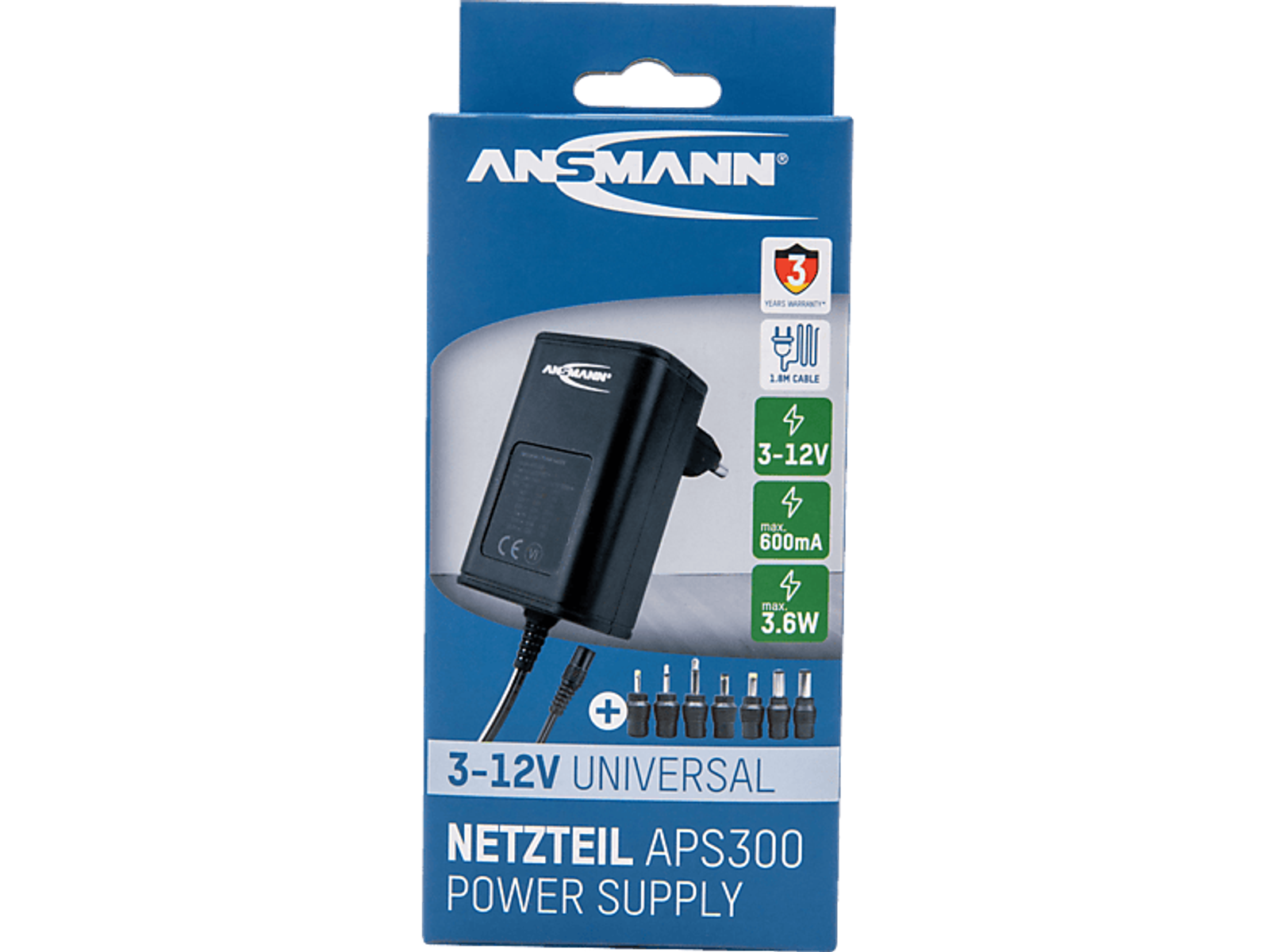 Pudełko z zasilaczem Ansmann. Posiada czarny zasilacz i różne głowice adapterów.
